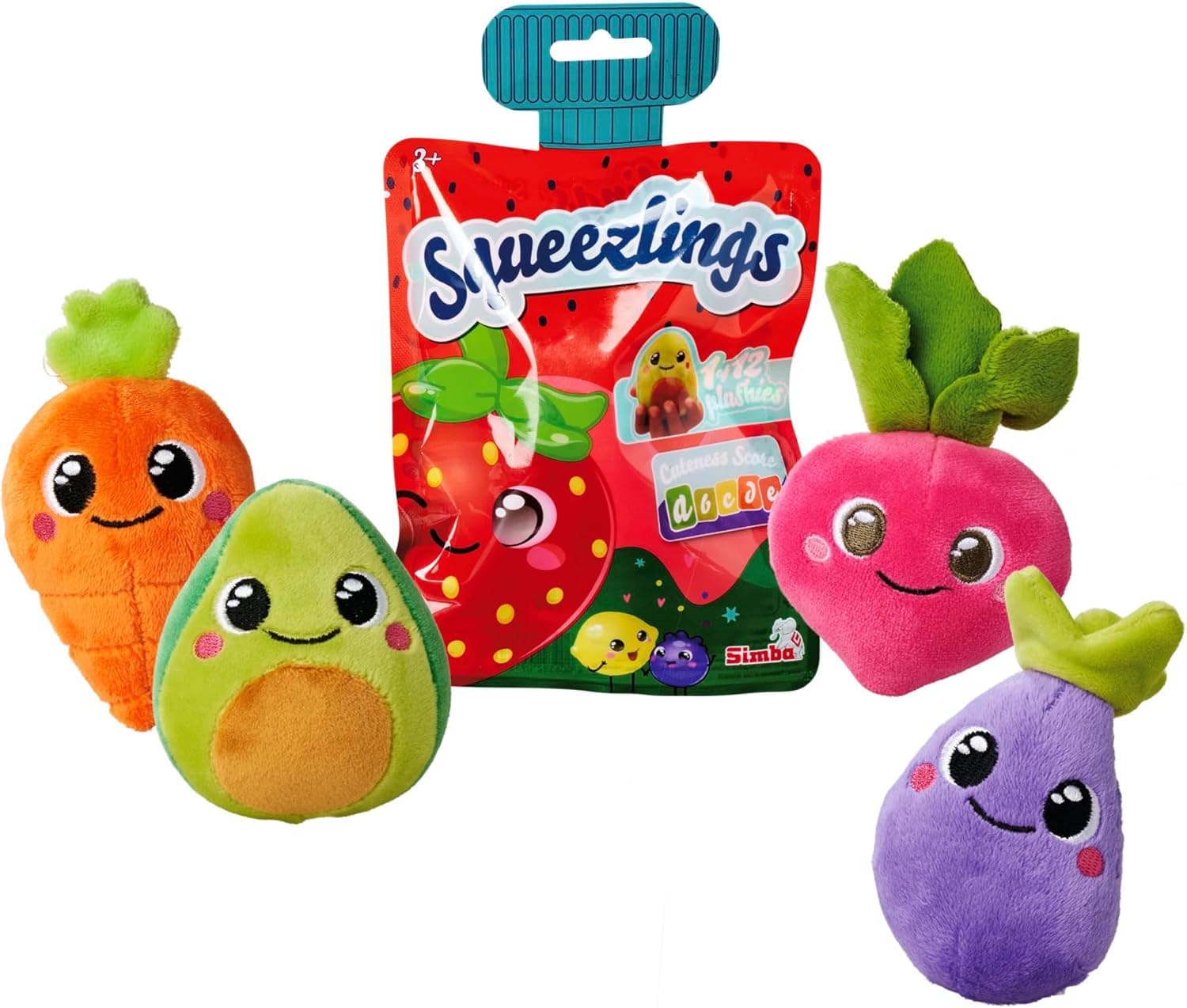 Simba Frutas y Verduras Squeezlings - 12 Figuras de Alimentos en Peluche, Súper Suaves y Coleccionables, 8 cm, en Envase Sorpresa,Envio Aleatorio, para Niños +3 Años (105953737CDU)