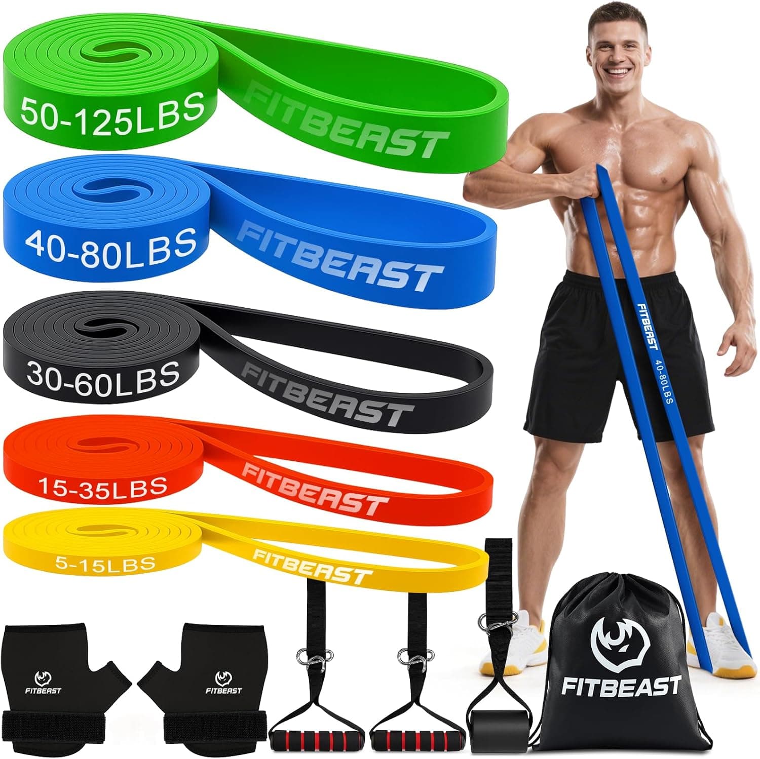 FitBeast Widerstandsbänderset, Fitnessbänder/Trainingsbänder mit Handschuhen & Türanker für Krafttraining & Training zu Hause