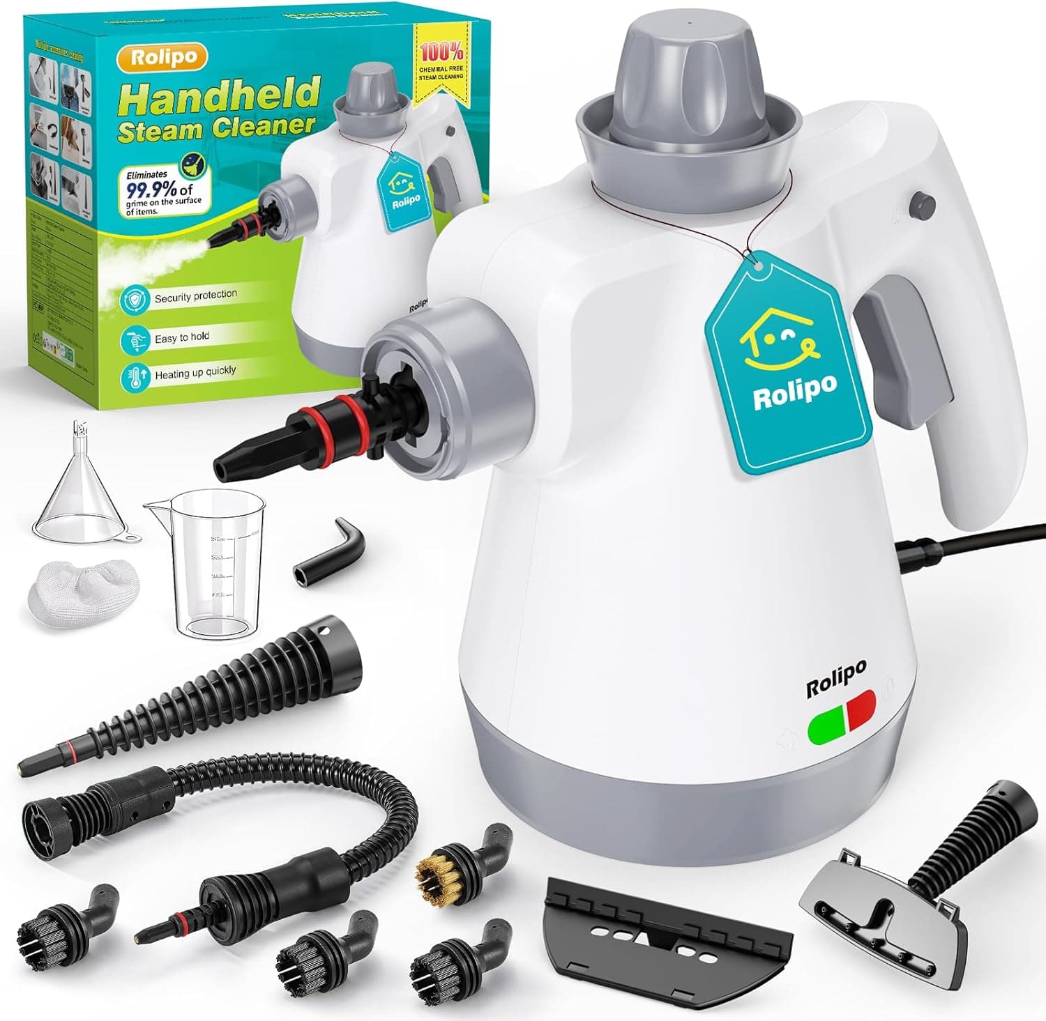 Rolipo Dampfreiniger Handgerät mit 12-Teiligem Zubehör, 1050W Steam Cleaner für Haushalt, Küche, Bad, Fenster, Polster & Auto–100% Chemiefrei, Hochdruck-Dampf gegen Schmutz Fett & Bakterien