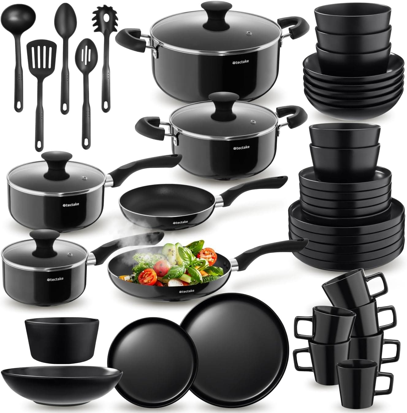 tectake® Küchenstarterset 6 Personen, Steingut Geschirr Set, Teller, 4 Töpfe 2 Pfannen rostfreies Aluminium, Kochtopf Set, Töpfe Set, kratzfest, leichte Reinigung, 5 Küchenwerkzeuge - schwarz, 45-tlg