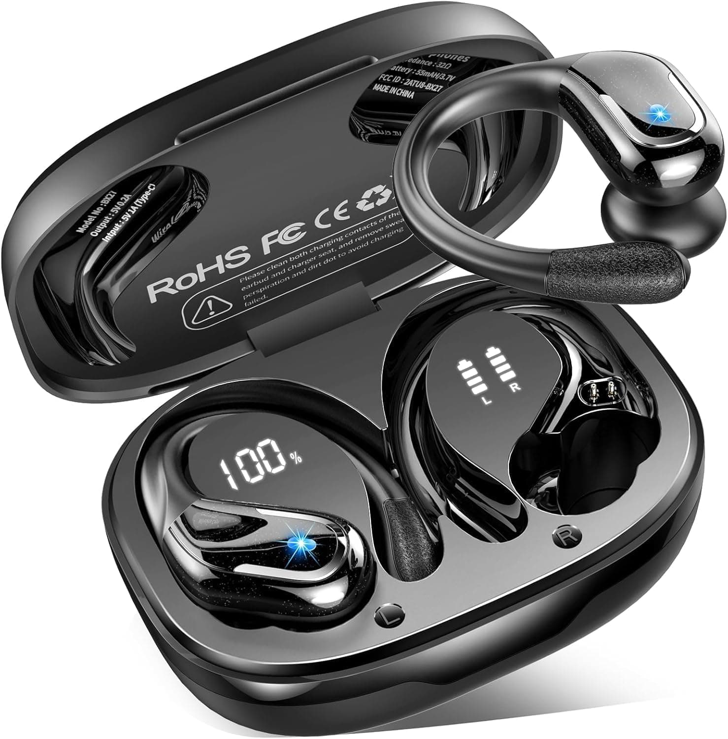 Cuffie Bluetooth Sport, 75 Ore Auricolari Bluetooth 5.4 con 4 ENC Mics, Stereo Cuffie Wireless Antirumore, IP7 Impermeabili Cuffiette Bluetooth con Display LED, Cuffie Senza Filo per Palestra/Running