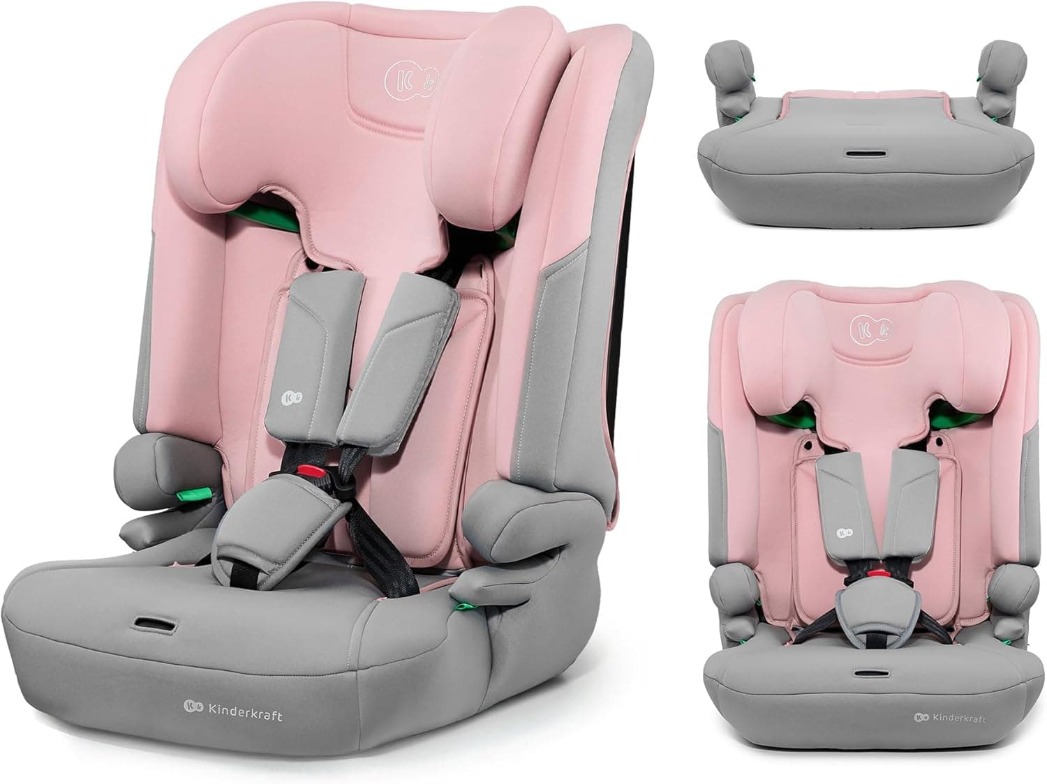 Kinderkraft I-COMFY, Silla de coche, Para niños, Ajustable (76-150 cm), Respaldo ajustable, Cinturón de seguridad de 5 puntos, SISTEMA EASY GROW, Fácil instalación, Rosa