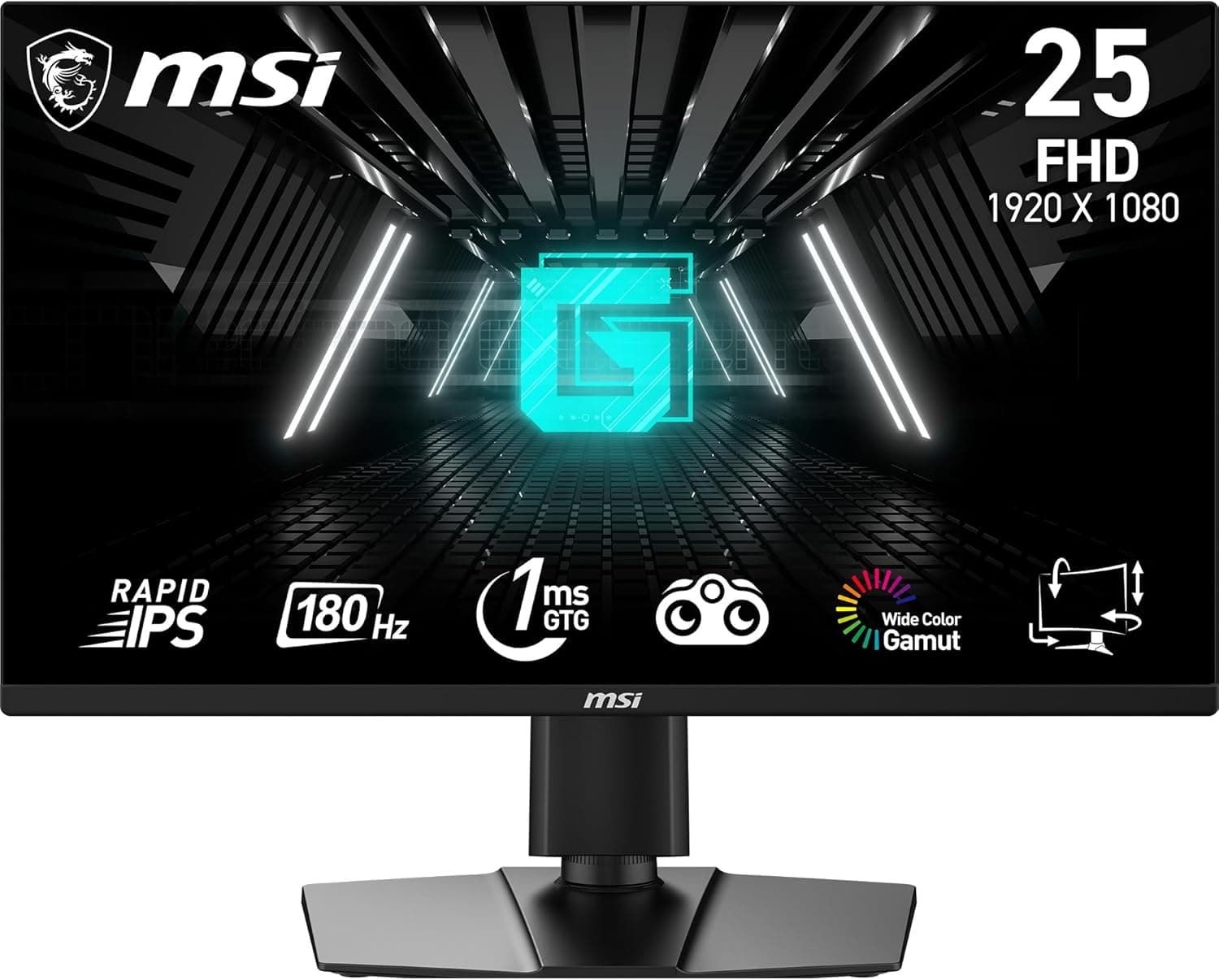 MSI G255PF E2 Monitor Gaming 24,5", Rapid IPS, FHD (1920x1080), 180 Hz, 1ms, 99% sRGB Colour Gamut, Adaptive-Sync - DP 1.2a, HDMI 2.0b CEC - Night Vision, Anti-flickr, Riduzione Luce blu