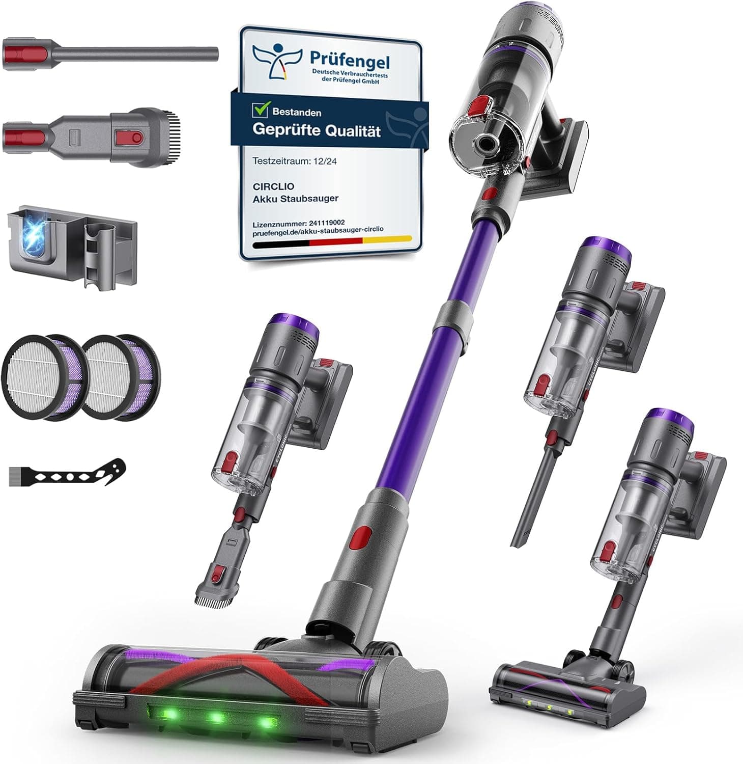 Akku Staubsauger, 600W/58000Pa/75Min, Laufzeit Staubsauger Kabellos mit Smart LED Display und Ladestation, Selbststehender Akkusauger mit Antitanglebürste für Teppich, Hartboden und Tierhaare