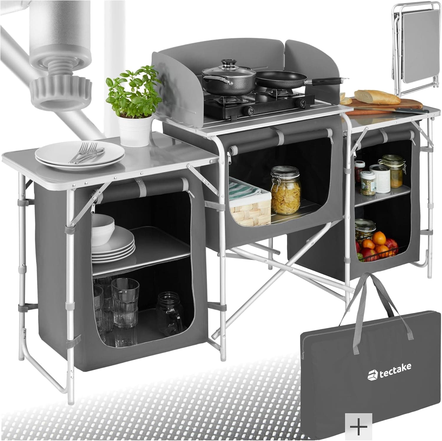 tectake® Camping Küche, Campingschrank faltbar, Reiseküche, Küchenschrank mit Arbeitsplatte und Staufächern für Outdoorküche, Vorzelt, Wohnwagen oder Auto Camping mit Tragetasche