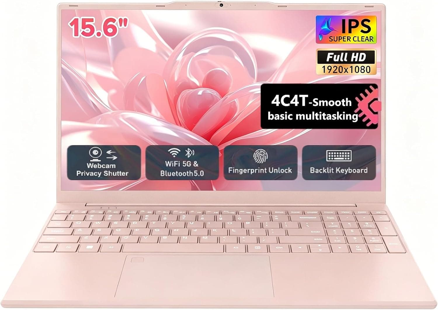Auusda Lightweight Portable Pink Laptop, 4C4T-Processor, 15.6" FHD IPS, Backlit Keyboard, Privacy Camera, Fingerprint Reader, Win 11 Pro, USB 3.0, HDMI, for Business Work Study, 8GB RAM 128GB NVMe SSD