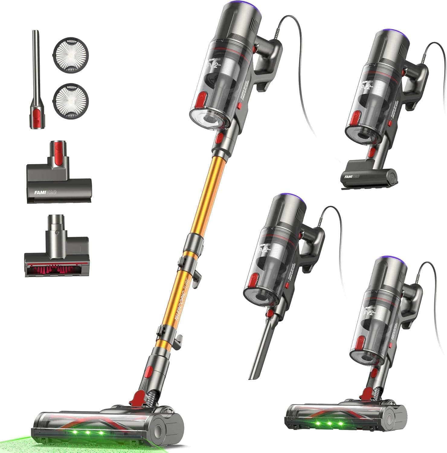 FAMIVAC FV2 Aspirapolvere con Filo, 65Kpa/600W Scopa Elettrica Potente con Spazzola per Materasso, 1,3KG Ultra-Leggero, Cavo 7M, 1,5L, Antigroviglio & Autoportante per Tappeti/Pavimenti/Peli Animali