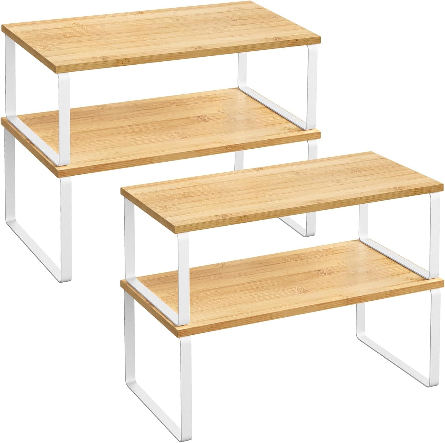 SONGMICS Organizzatori da Cucina, Set di 4 Scaffali da Banco, Portaoggetti per Armadietto, Impilabile, Espandibile, Metallo e Legno Ingegnerizzato, Bianco Nuvola e Beige Naturale KCS210W01