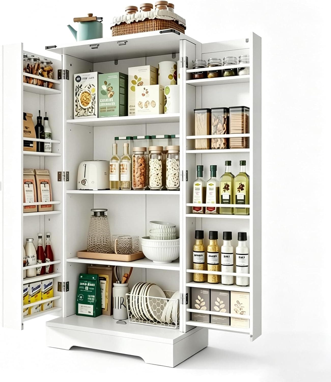 Küchenschrank 130cm H, Vorratsschrank Küche mit 2 Türen, Küchenbuffet Buffetschrank Landhausstil, Sideboard mit 6 Verstellbare Regale, Mehrzweckschrank für Küche Wohnzimmer Esszimmer