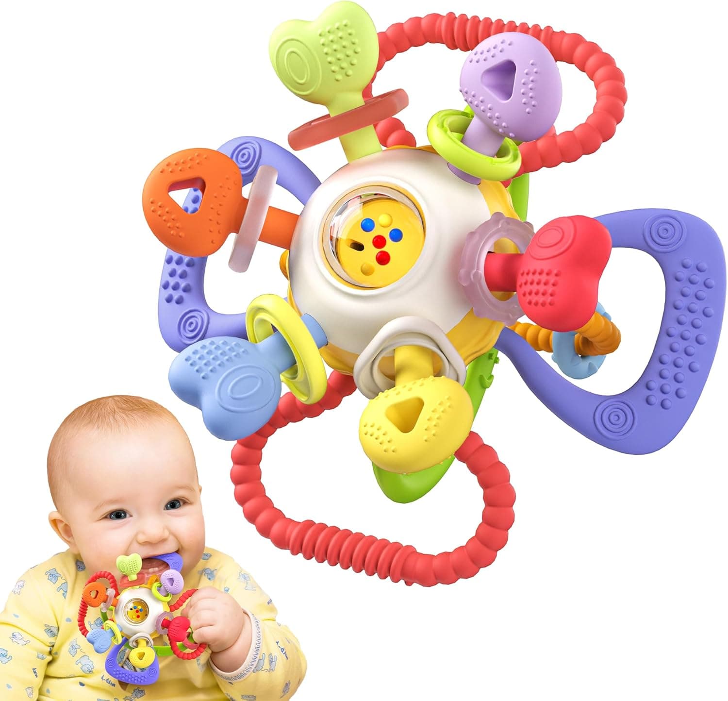 Baby Teething & Rattle Toy with Pull Ring – Safe, Multi-Functional BPA-Free Silicone Toy for Babies 0-12 Months – Vibrant, Sensory Toys for Teething Relief & Fun Play Baby Gift for Boys & Girls