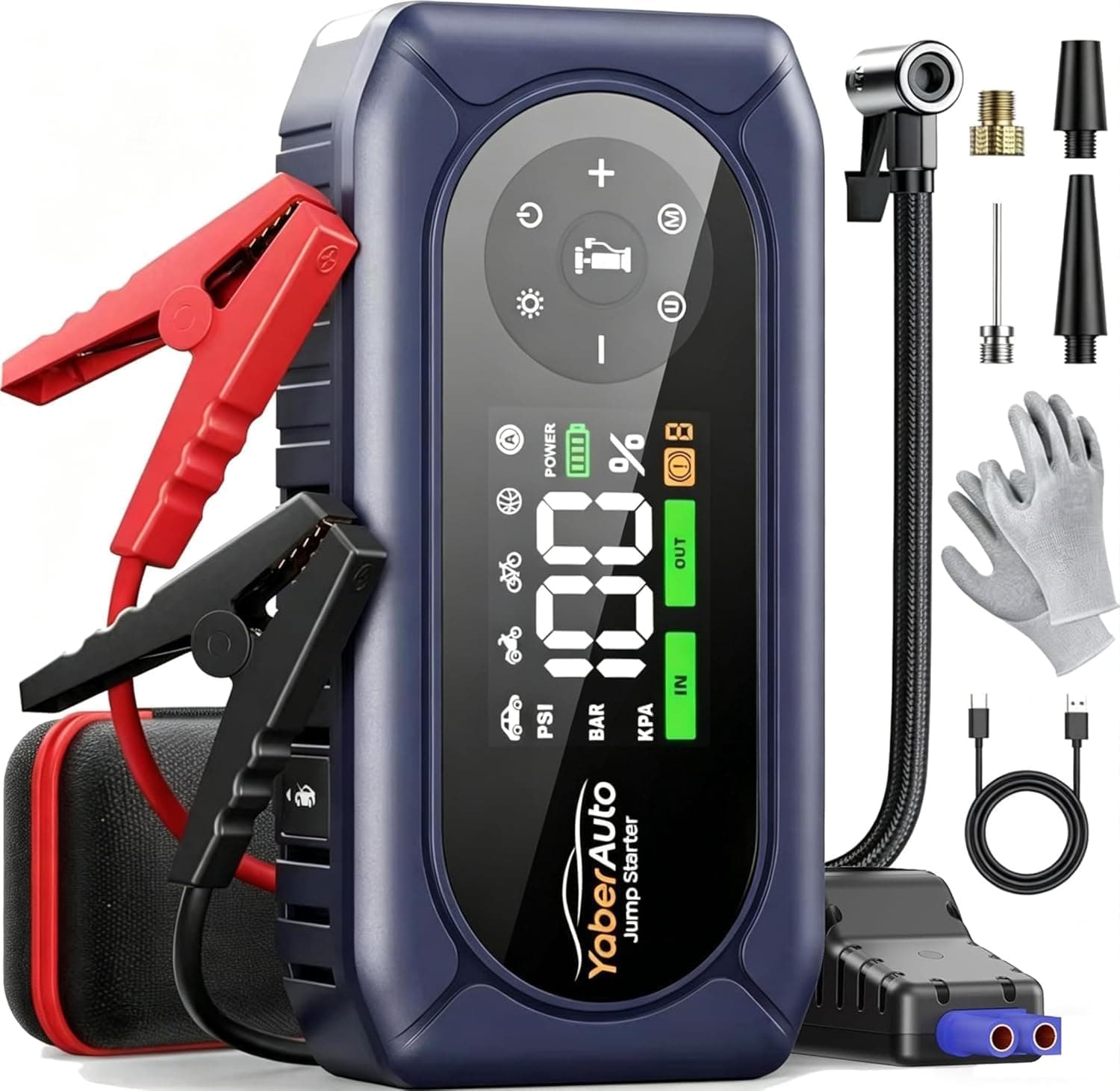 Arrancador de Baterias de Coche con Compresor de Aire, 6000A YaberAuto Arrancador de Coche Portatil (9,0L Gas/8,0L Diesel) con 150PSI Inflador, Guantes Aislantes, Pantalla Grande y Linterna LED