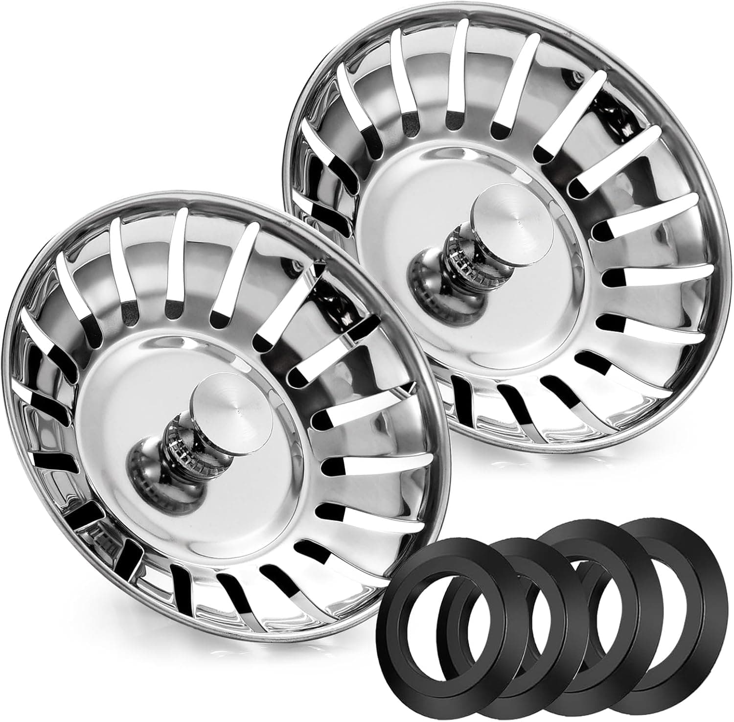2 Pack Stainless Steel Kitchen Sink Bowl Strainer and Plug, 78mm Kitchen Sink Plug for Single Double Bowl Use, Kitchen Bathroom Food Hair Catcher Filter Stopper - Prevent Clogs, Bad Smells