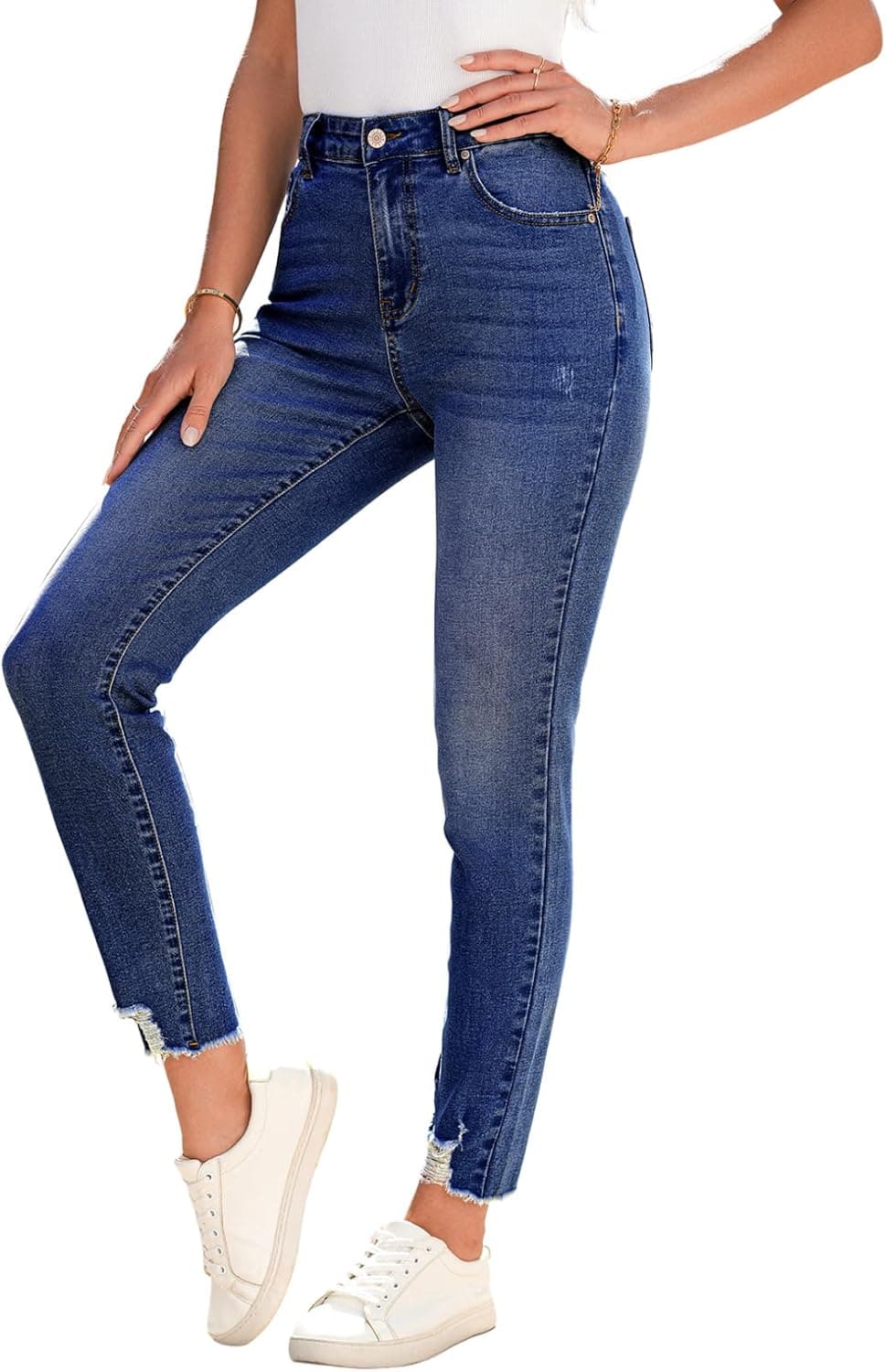 SHEWIN Women's Ripped Shaping Skinny Jeans Distressed Raw Hem Stretchy Denim Pants