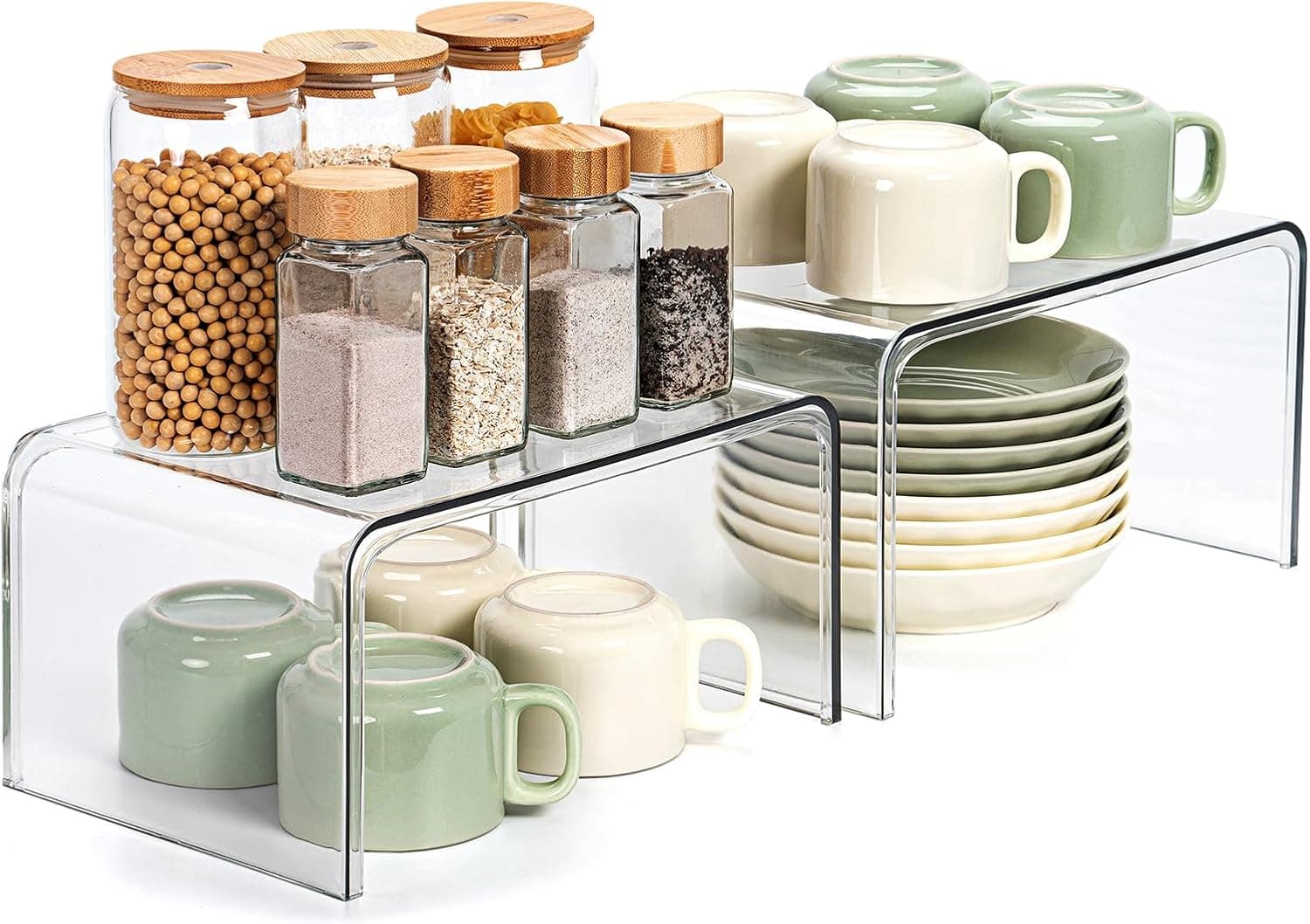 Klares Küchenschrank Organizer, 2 Modern Gewürz Organizer Küche, Küchen-Organizer, Stapelregal, Gewürzregal Stehend, Gewürztreppe, Kücheneckregal für Arbeitsplatte Küche Deko, Tassenregal, Tischregal