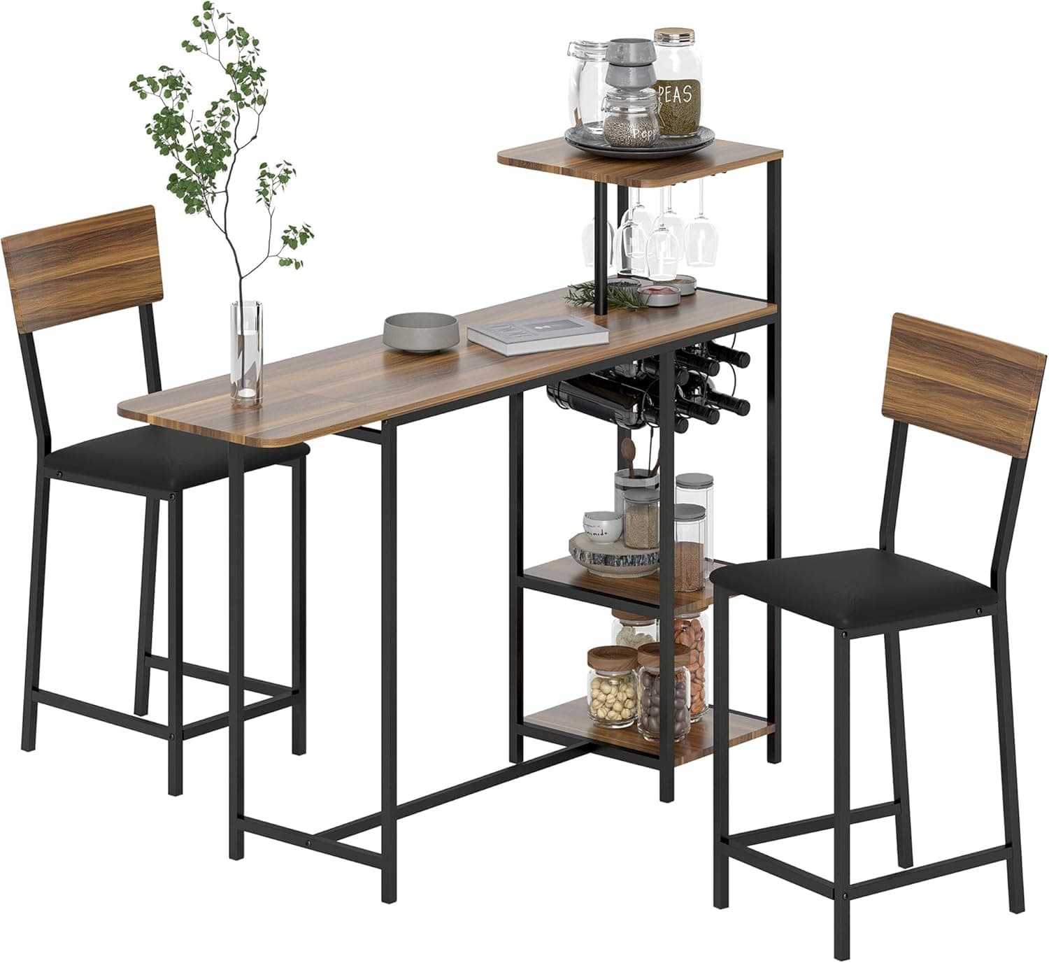 HOMCOM Bartisch mit Barhocker Set, Bartisch-Set mit 2 Barstühlen, Rückenlehne Klappbar Küchentisch mit Weinglashalter, Weinregal und Ablage, Tresentisch im Modern-Design für Esszimmer Küche Braun