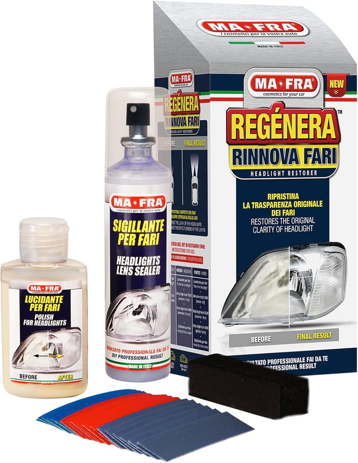 Ma-Fra Kit Regénera Fari, Composto da 16 Carte Abrasive, Polish Lucidante e Sigillante Spray, Ripristina Aspetto Originale dei Fanali Auto e Migliora l'Efficacia delle Luci, Rimuove Effetto Opaco