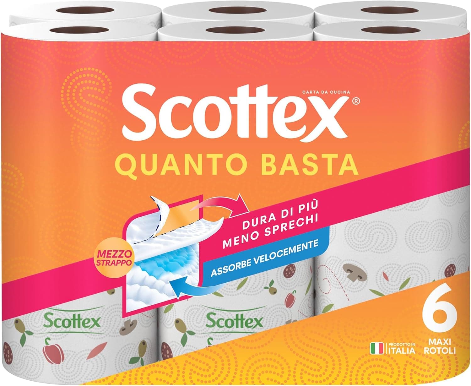 Scottex Quanto Basta, Carta Cucina, Opzione Mezzo Strappo, Con Carta certificata FSC, Confezione da 6 Maxi Rotoli