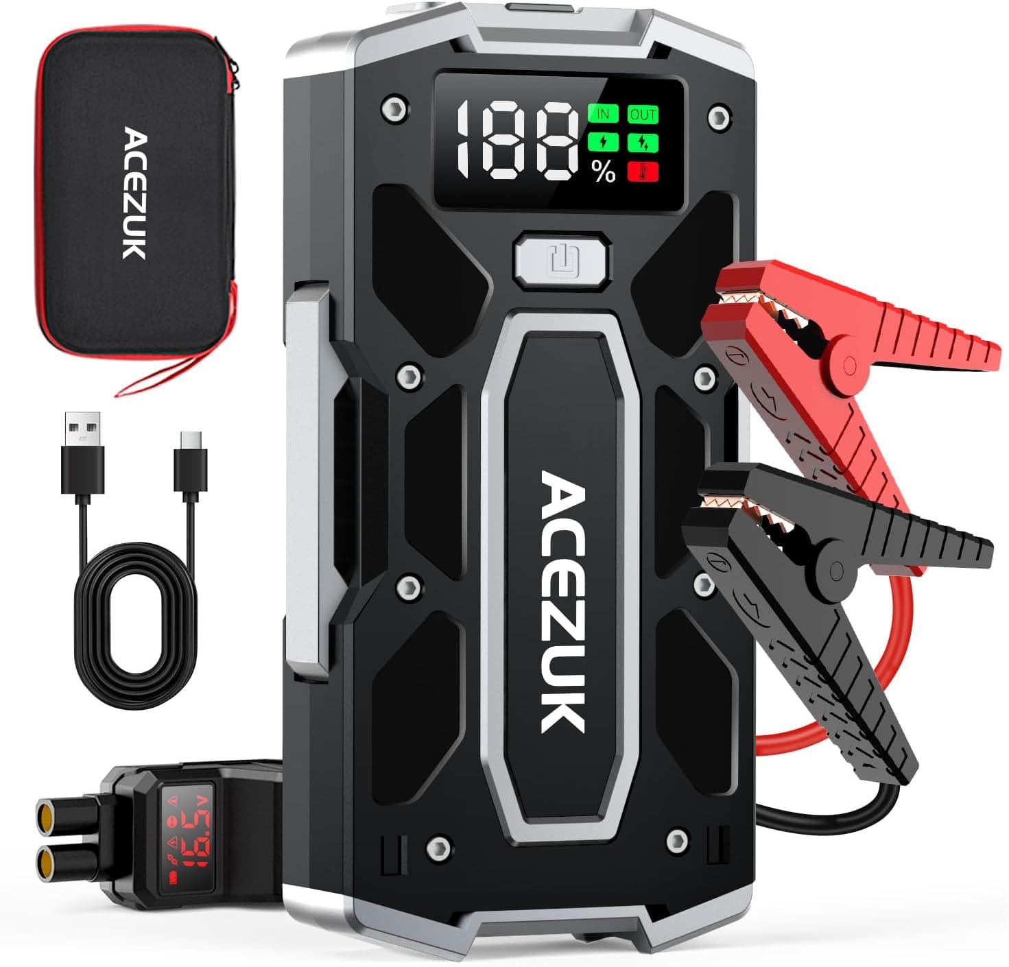 ACEZUK Avviatore Batteria Auto,9000A Avviatore di Emergenza per Auto/Moto(10.0L Gas or 8.0L Diesel) Starter Batteria Portatile Jump Start con LED/LCD Luce LED, porta QC3.0