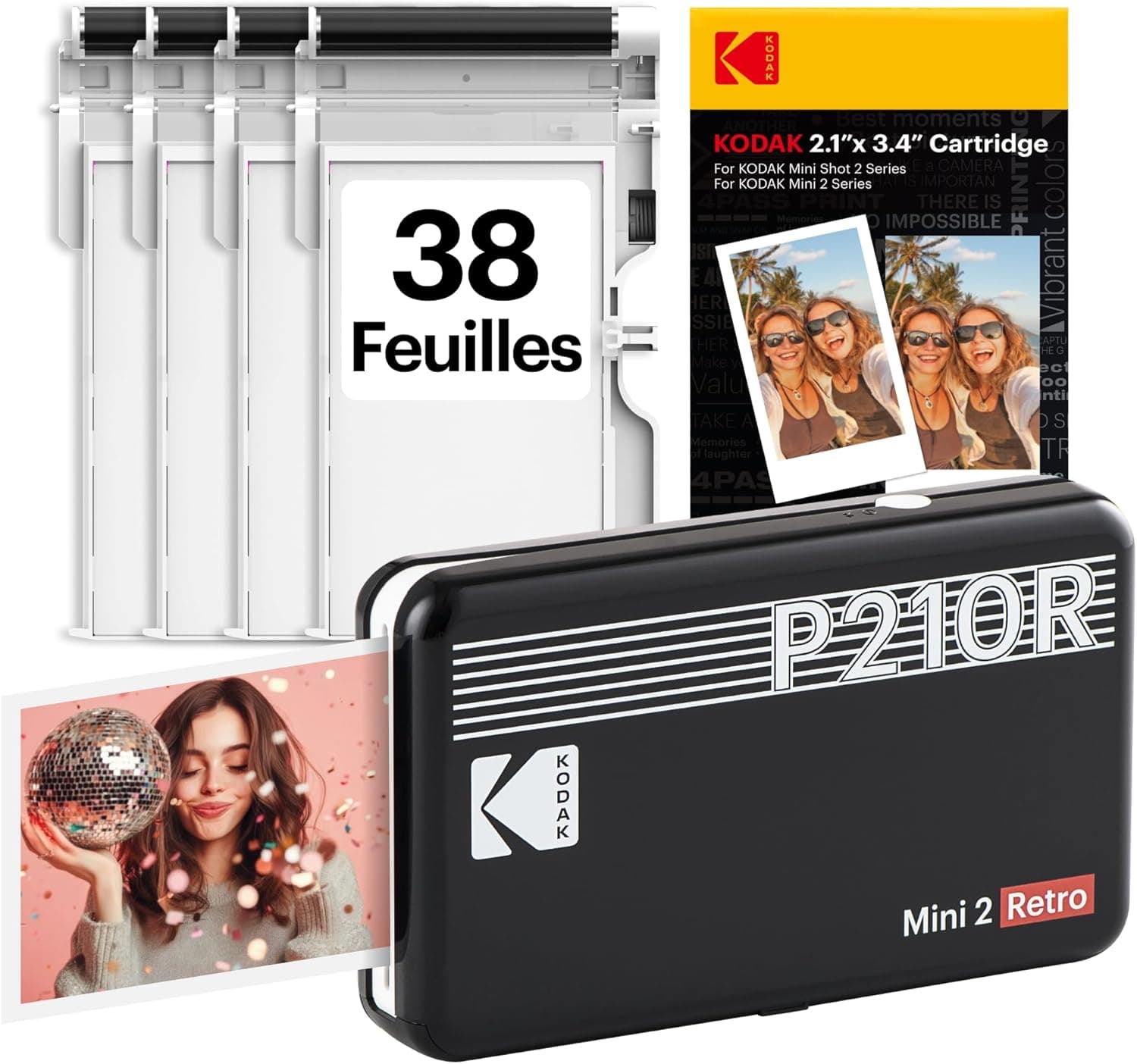 Imprimante photo portable KODAK Mini 2 Retro 4PASS (5,3 x 8,6 cm) + paquet de 38 feuilles, noir