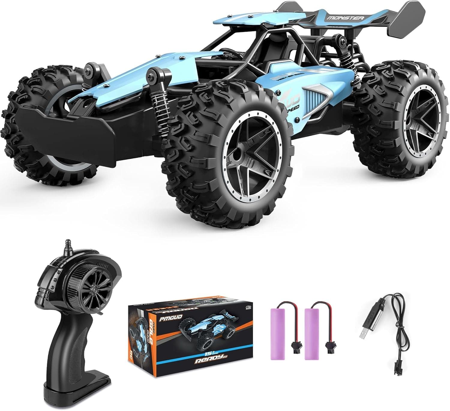 Pmgud Ferngesteuertes Auto, 2,4 GHz 1:18 Proportional 2WD 20+ km/h Hobby Offroad Monster RC Truck, wasserdichte RC Truggy RTR Geländegängig Spielzeug-blau