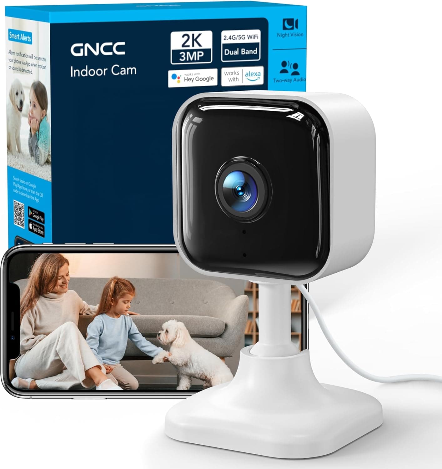 GNCC 2K Indoor Security Camera, Cameras House Security, CCTV WiFi Camera for Home Security with 2.4G/5G, Motion/Sound Detection, Night Vision, SD/Cloud Storage, Works with Alexa & Google Home, GC4
