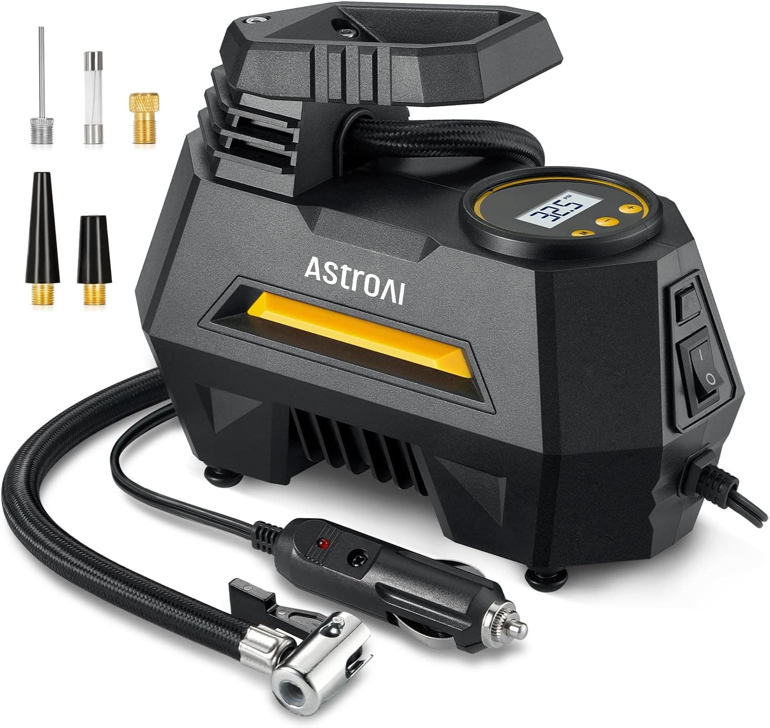 AstroAI Tyre Inflator Air Compressor 12V DC, 35LPM 100W Powerful Portable Car Tyre Pump Auto-Stop with Digital Pressure Gauge, 4 Valve Adaptors and LED Light, Car Accessories