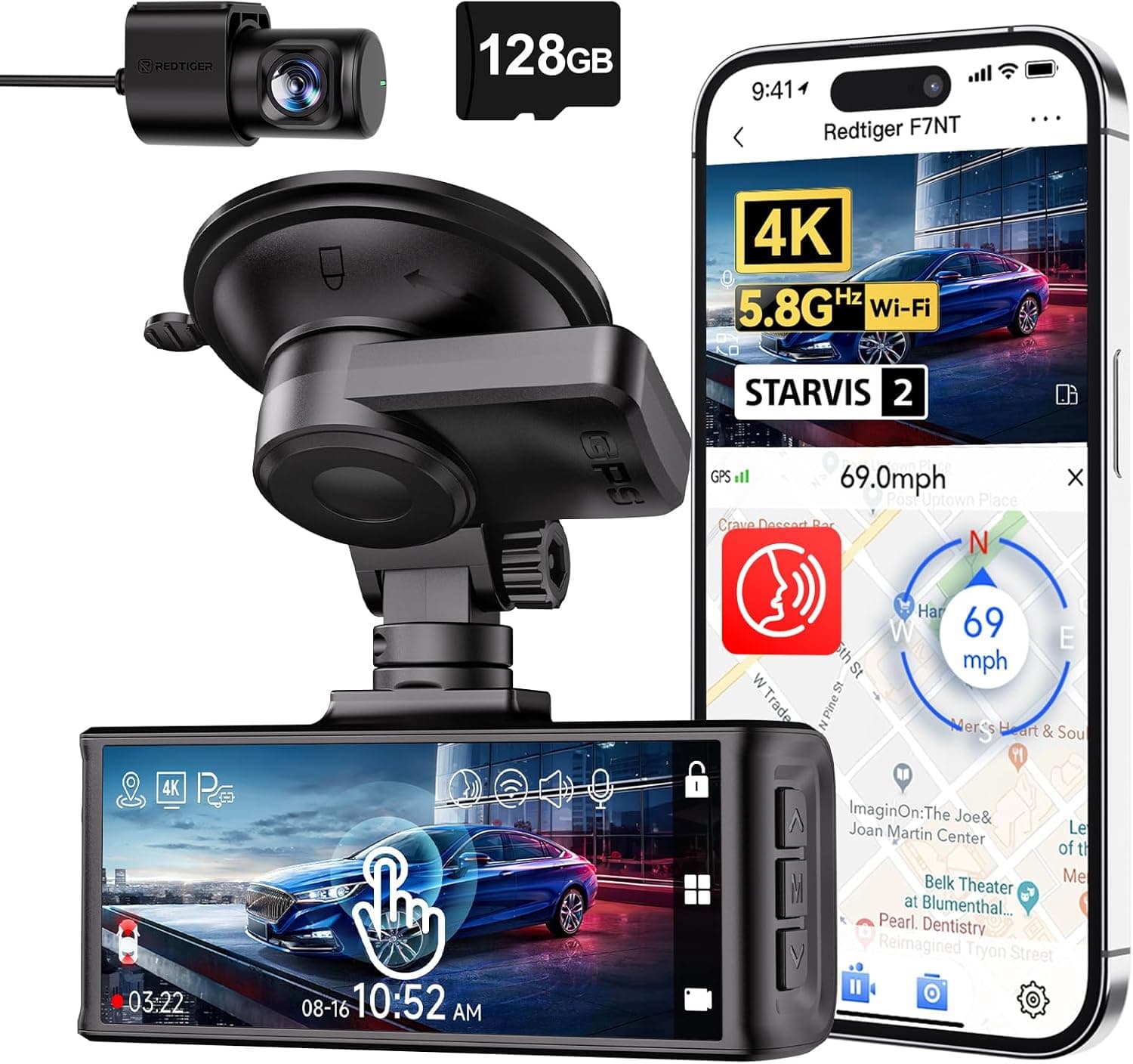 REDTIGER 4K STARVIS 2 Dashcam Auto Vorne Hinten,Touchscreen 3,18 Zoll,Sprachsteuerung,Dash Cam Auto 5.8GHz WiFi 6,GPS,Kostenlose 128GB Karte,2160P UHD-Nachtsicht,Notfall-Sperre,Parkmonitor (F7N Touch)