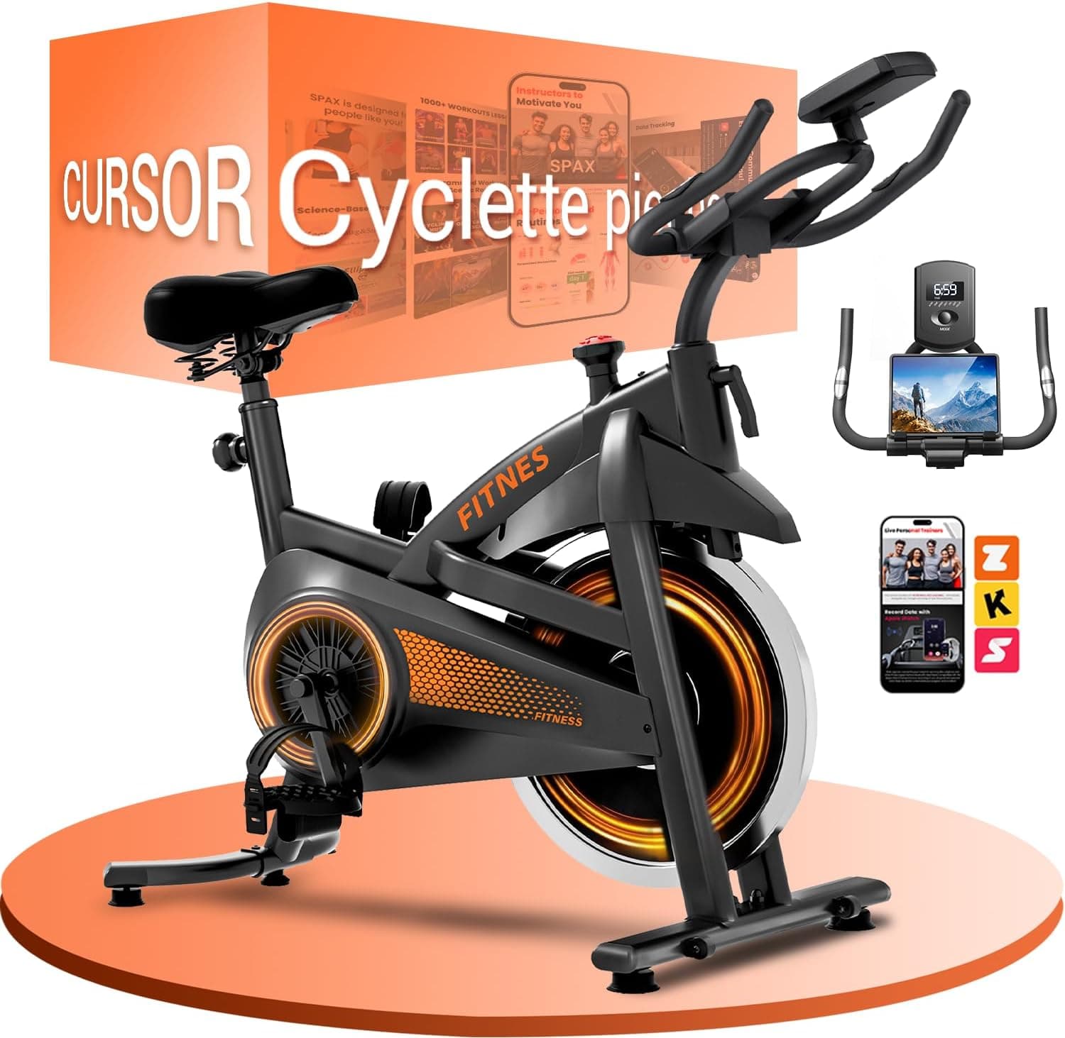 CURSOR FITNESS Cyclette da casa professionale, Cyclette professionale con misurazione della frequenza cardiaca e display LED, Spin bike con app, sedile confortevole, capacità di carico fino a 136 kg