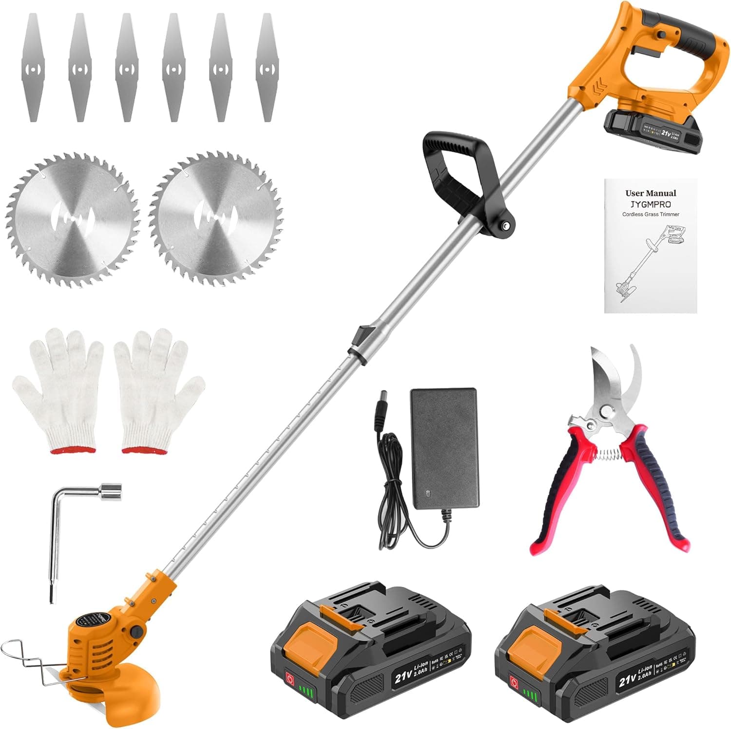 Decespugliatore a Batteria, Tagliabordi a Batteria 21V con 2 Batterie 2.0Ah, Altezza e Angolazione Regolabili, Decespugliatore Per il Taglio di Giardini, Prati e Terreni