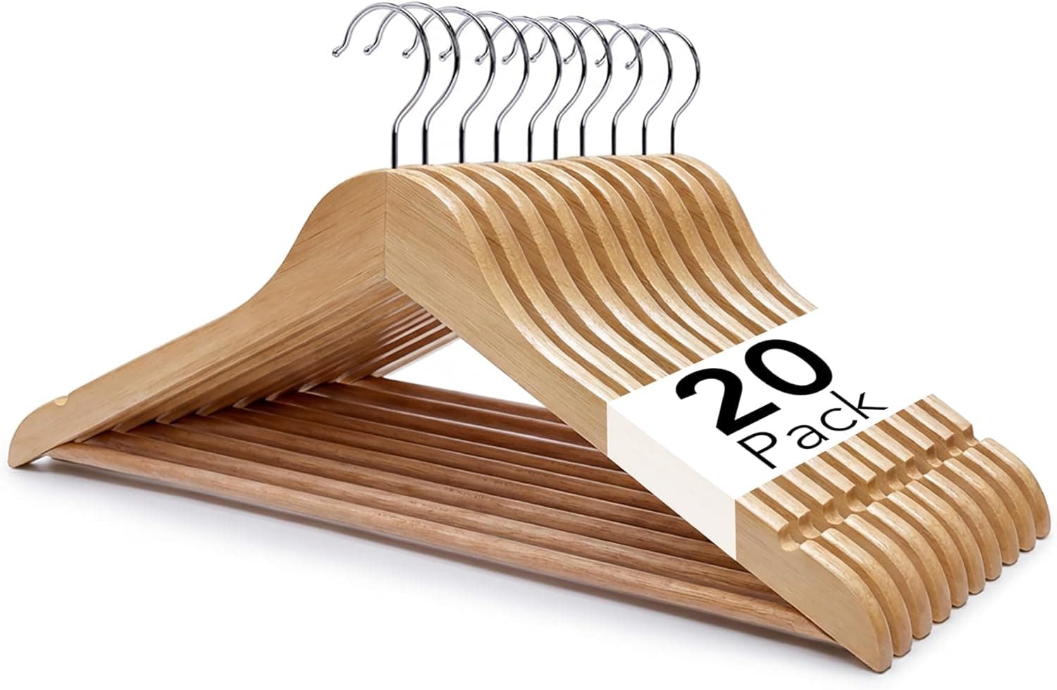 Straame Home | Brown Wooden Coat Hangers |Made with Natural Wood and Non-Slip Trouser bar | Extra Smooth Finish | Strong Shoulder Notches | Pack of 20