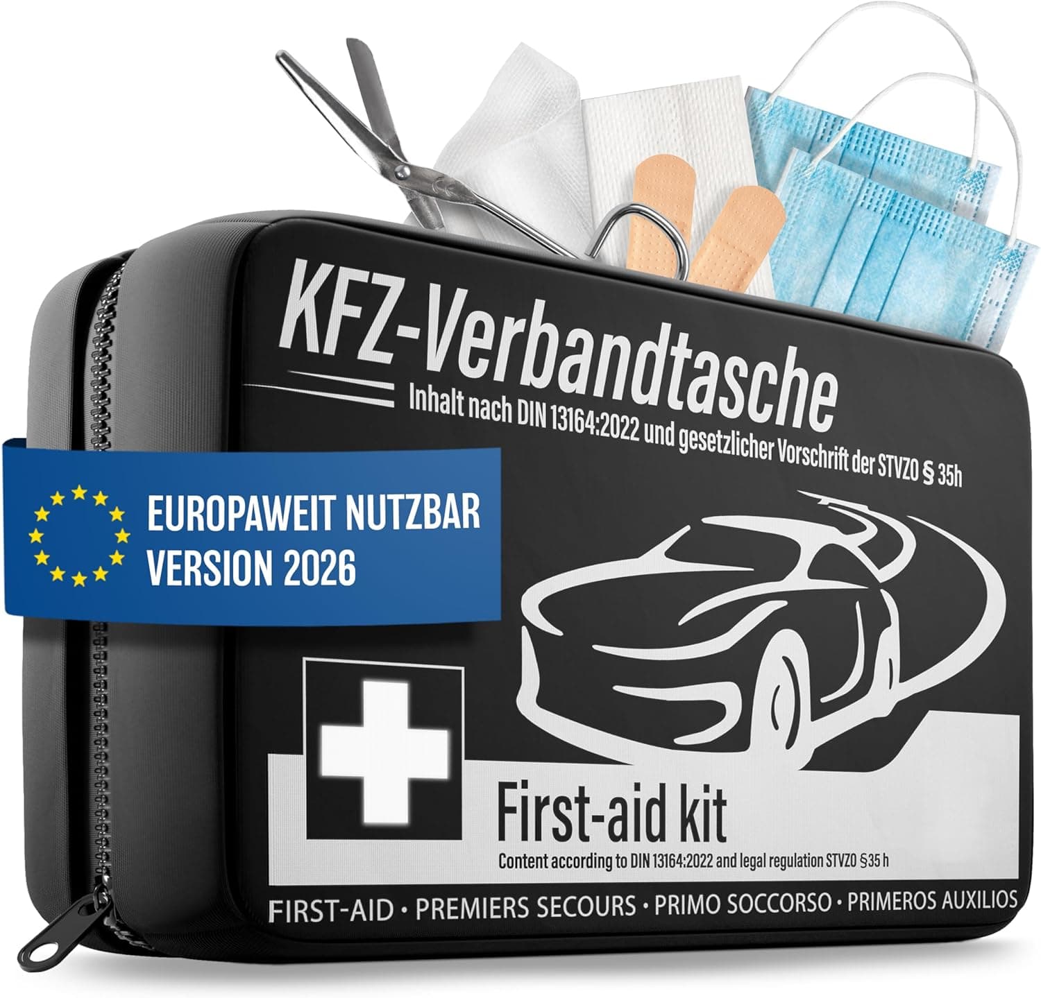 HELDENWERK KFZ Verbandstasche nach aktueller Norm 2026 - Europaweit Nutzbar - Erste Hilfe Set Auto Verbandskasten DIN 13164:2022 (StVO konform)