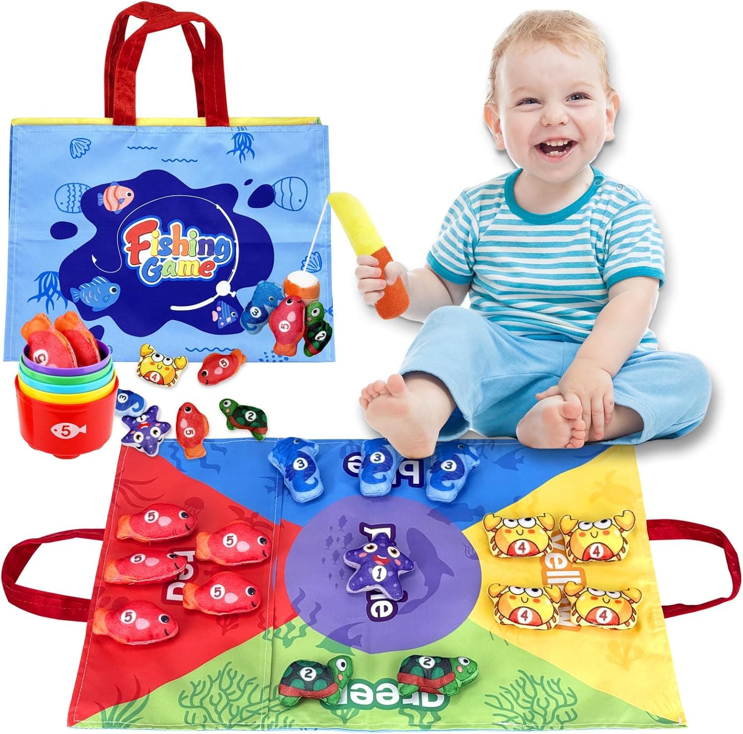 Montessori Toys for 1 Year Old Boys Girls – 22 in 1 Cloth Fishing Game with Stacking Cups, Color Sorting & Number Counting Learning Toys, Birthday for Toddlers 1-3