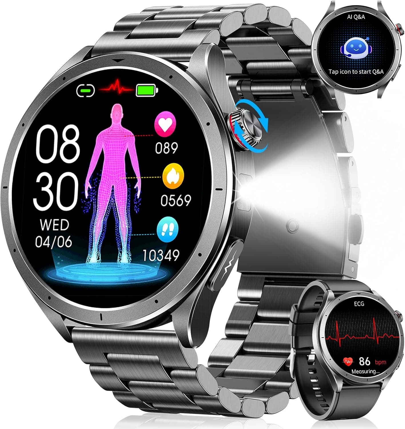Smartwatch Uomo con ECG+HRV, AI GPT Orologio Uomo con Pressione Sanguigna, Frequenza Cardiaca, SpO2, 24H Sonno, 120+ Modalità Sportive IP68 Smartwatch Fitness, Notifiche Messaggi Android iOS Nero