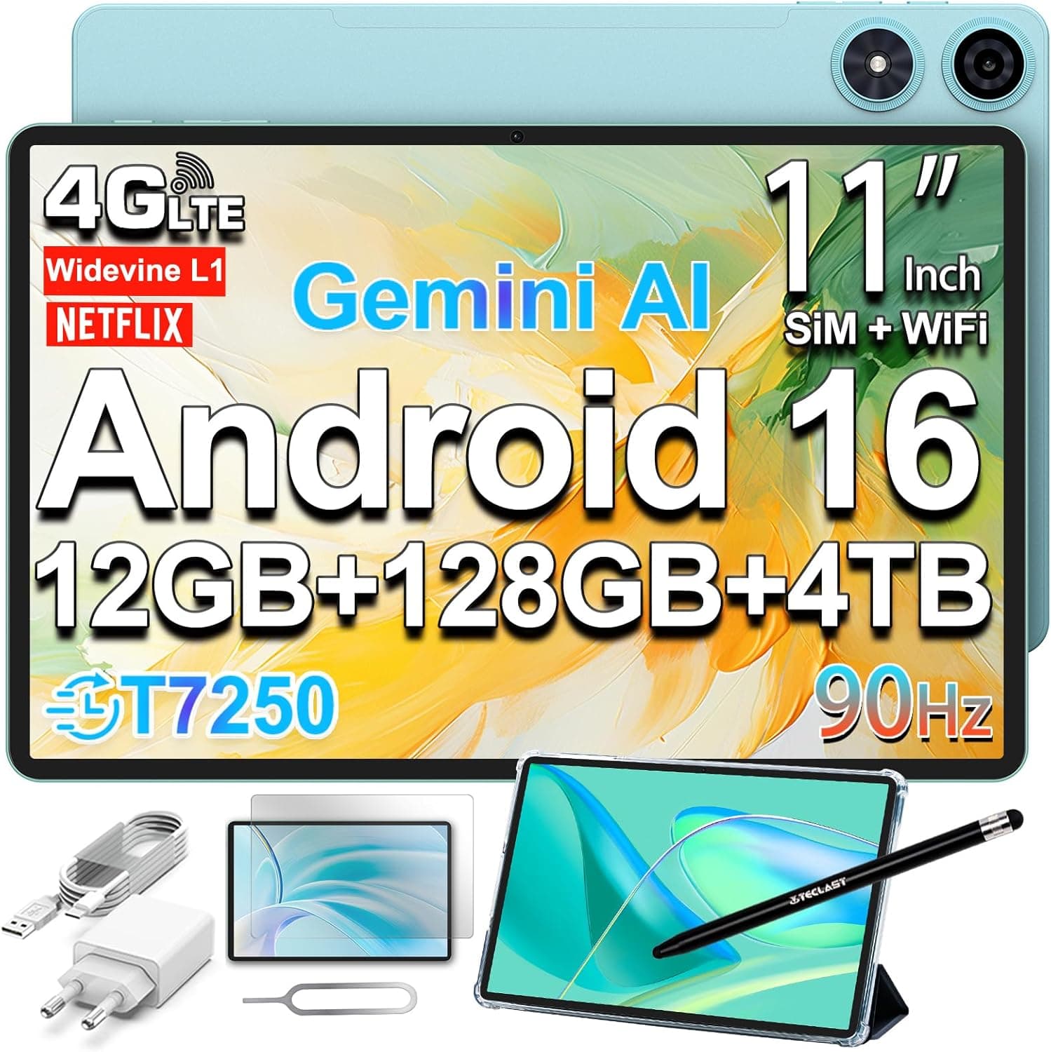 TECLAST P50 Tablet 11 Pollici 90Hz Tablets Android 16, 2GHz Octa-Core T7250, Dual SIM 4G LTE + 5G WiFi, Tablet con Penna+Custodia, 12GB RAM+128GB ROM(TF 5TB), Widevine L1, 7000mAh, GPS/3.5MM/OTG, 2026