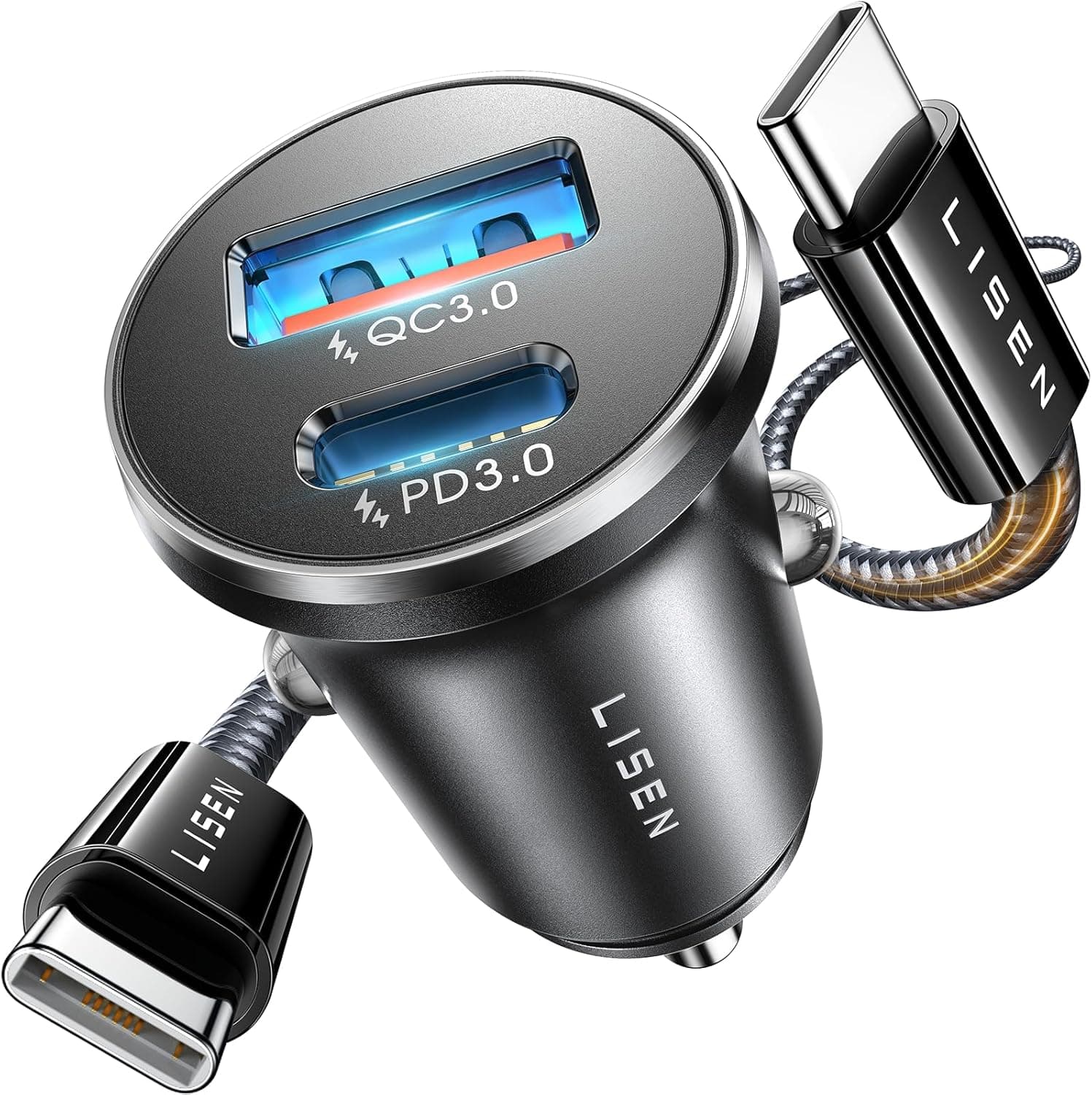 LISEN Car Phone Charger USB C 54W Fast Charge Cigarette Lighter Charger USB Adapter Socket 12V with 60W C-C Cable, Metal Car Accessories Essentials for Men Mercedes Campervan for iPhone 17 16 Samsung