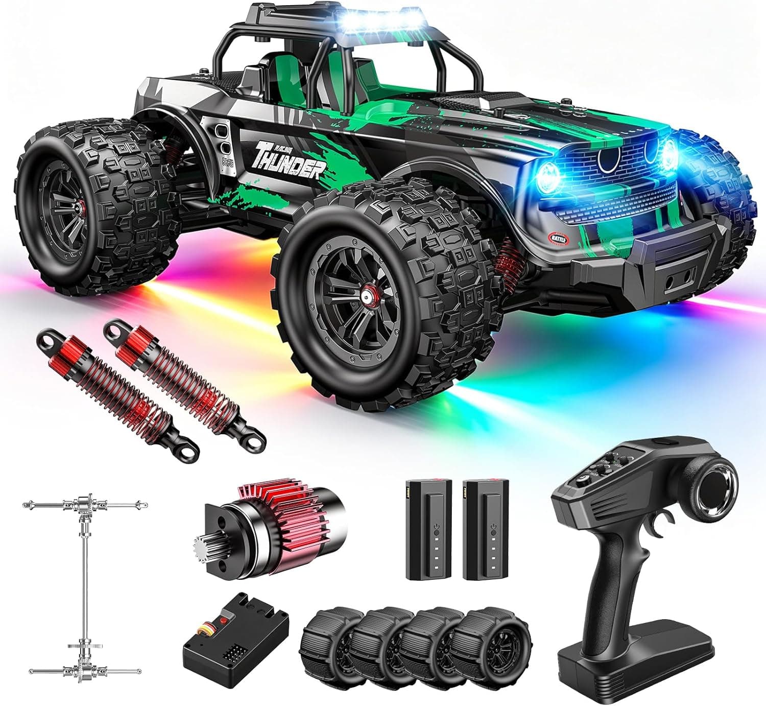 1:14 Ferngesteuertes Auto - 4WD RC Auto Monstertruck Ferngesteuert, 50 KM/H, All Terrains Offroad RC Drift Car mit LED Licht, 2x 2000mAh Batterien, Ostergeschenke Spielzeug für Kinder und Erwachsene