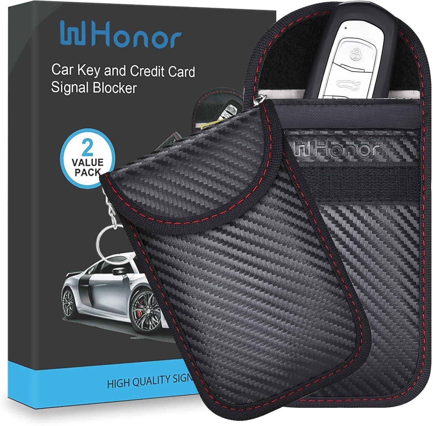 WHonor Faraday Pouch for Car Keys, Premium Keyless Entry Signal Blocker, Military-Grade Anti-Theft RFID Blocking Key Fob Protector for Car Security (2 Pack)