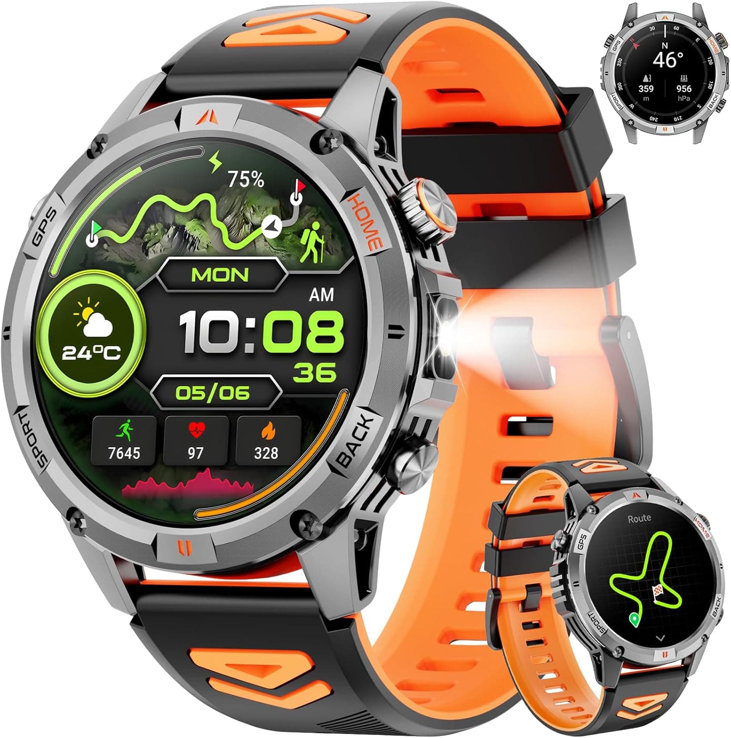 Smartwatch Uomo Militare, 1,46" HD Orologio GPS con LED Torcia, Bussola,100+ Modalità Sportive Smart Watch, Monitoraggio della Salute,Impermeabile IP68, Chiamate Bluetooth per Android iOS