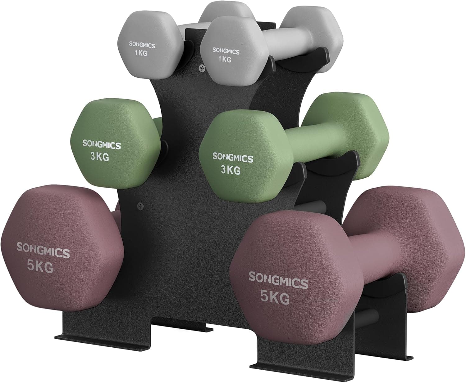 SONGMICS Kurzhantel Set, Hexagon, mit Hantelständer, 2 x 1 kg, 2 x 3 kg, 2 x 5 kg, mattes Finish, Neopren-Beschichtung, Krafttraining, zu Hause
