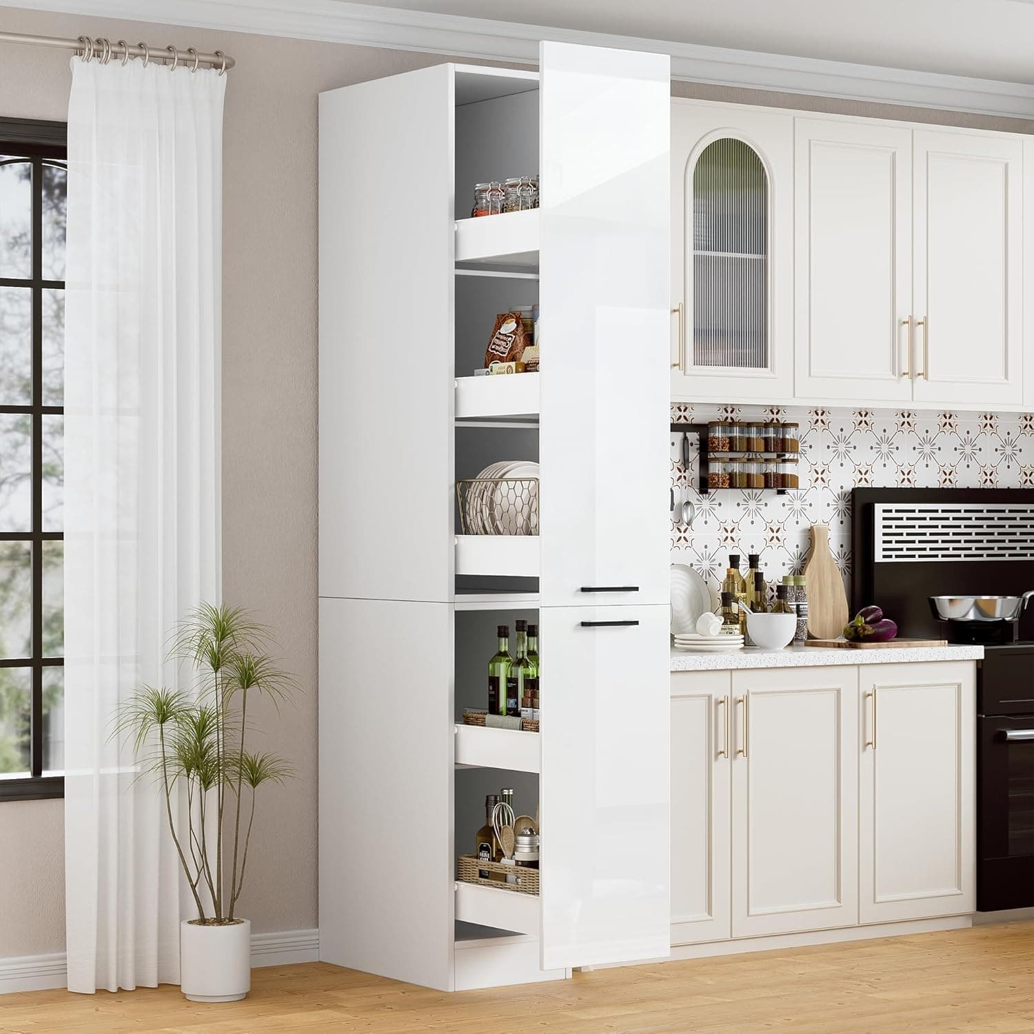 MSFE Küchenschrank Hochschrank mit Auszug, Schmal Apothekerschrank küche 30 cm breit, Schmaler Mehrzweckschrank, für Küche, Wohnzimmer, Esszimmer, Bad, 207 * 56 * 30cm, Hochglanzweiß