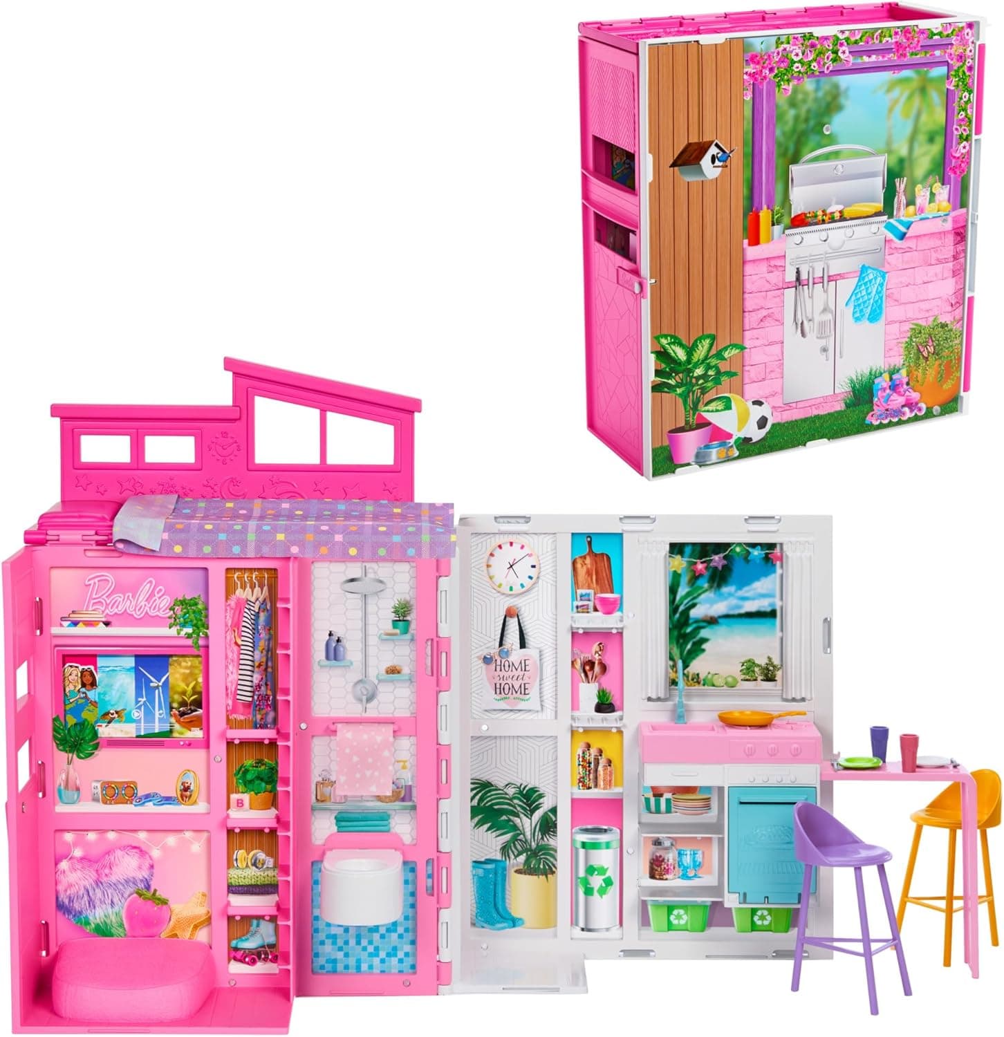 Barbie - Casa delle Vacanze, playset con 4 aree di gioco e 11 accessori decorativi inclusi, con cucina, bagno camera da letto e soggiorno, giocattolo per bambini, 3+ anni, HRJ76