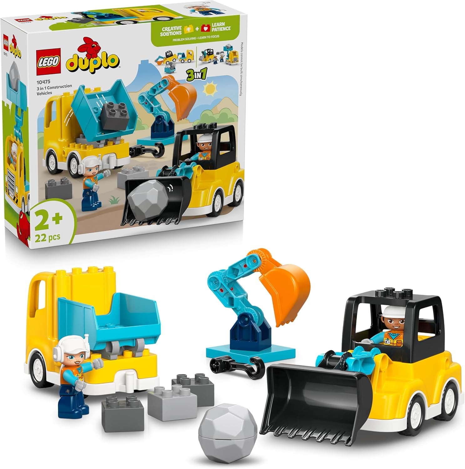 LEGO DUPLO 3 in 1 Construction Vehicles - Educational Montessori Toy for Toddlers w/Trucks, Excavator Digger & Loader - Birthday Gift Idea for 2+ Year Old Boys & Girls - 10475