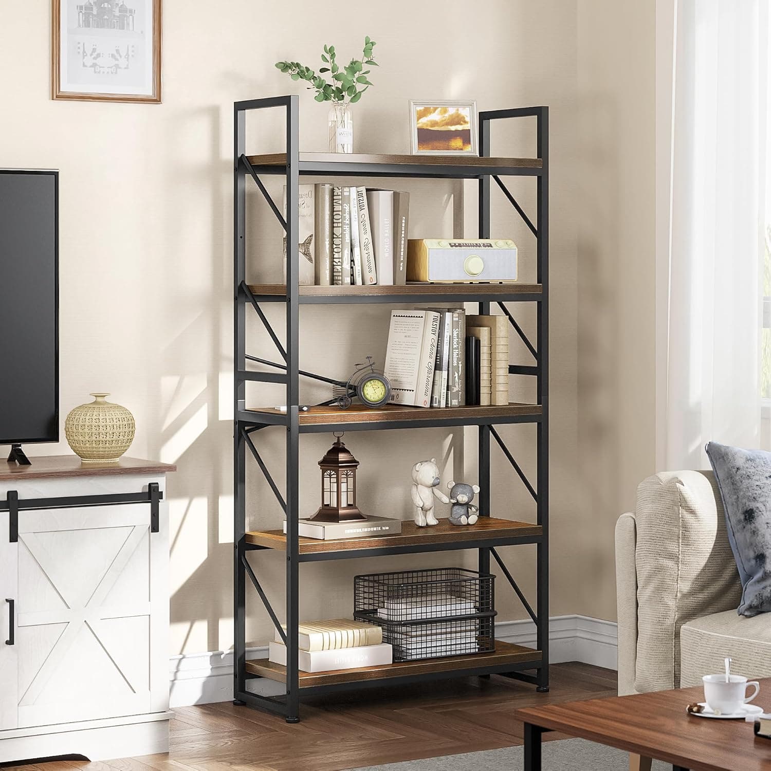 YITAHOME Bücherregal mit 5 Ebenen, industrielles Bücherregal, großes freistehendes Bücherregal, Holzregal und Metallrahmen, Regal, Präsentationsregal für Wohnzimmer, Heimbüro, rustikales braunes