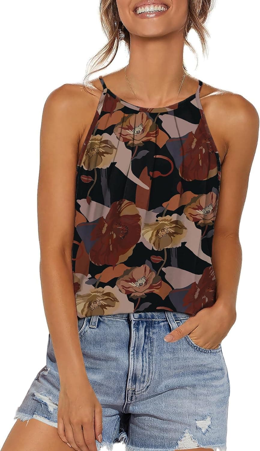 WlHOLL Womens Pleated Tank Tops Spaghetti Strap Camisole Halter Tops Curved Hem Fashion 2026