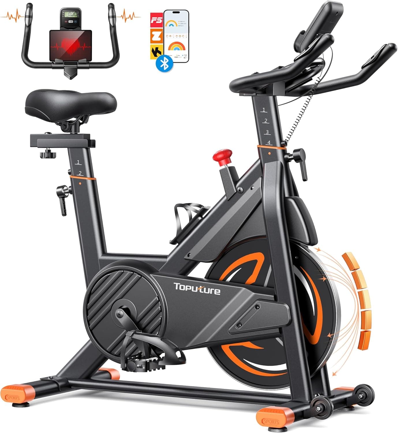 TOPUTURE Velo D Appartement Magnetique, Velo Appartement Connecté APP, Résistance réglable, Vélo d'intérieur avec silencieux, Vélos D'appartement avec fréquence cardiaque Capacité 160KG