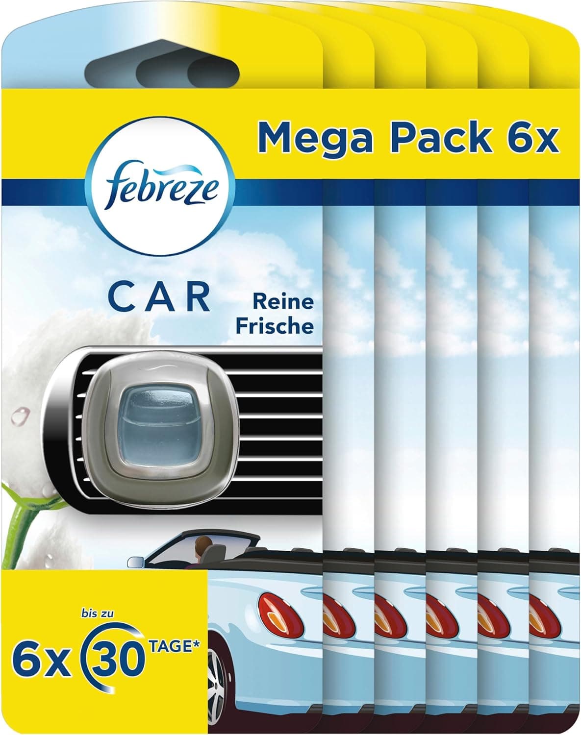 Febreze Auto Lufterfrischer Clip, 12 ml (6 × 2 ml), Reine Frische, Auto Duft bekämpft Gerüche bis zu 70 Tage
