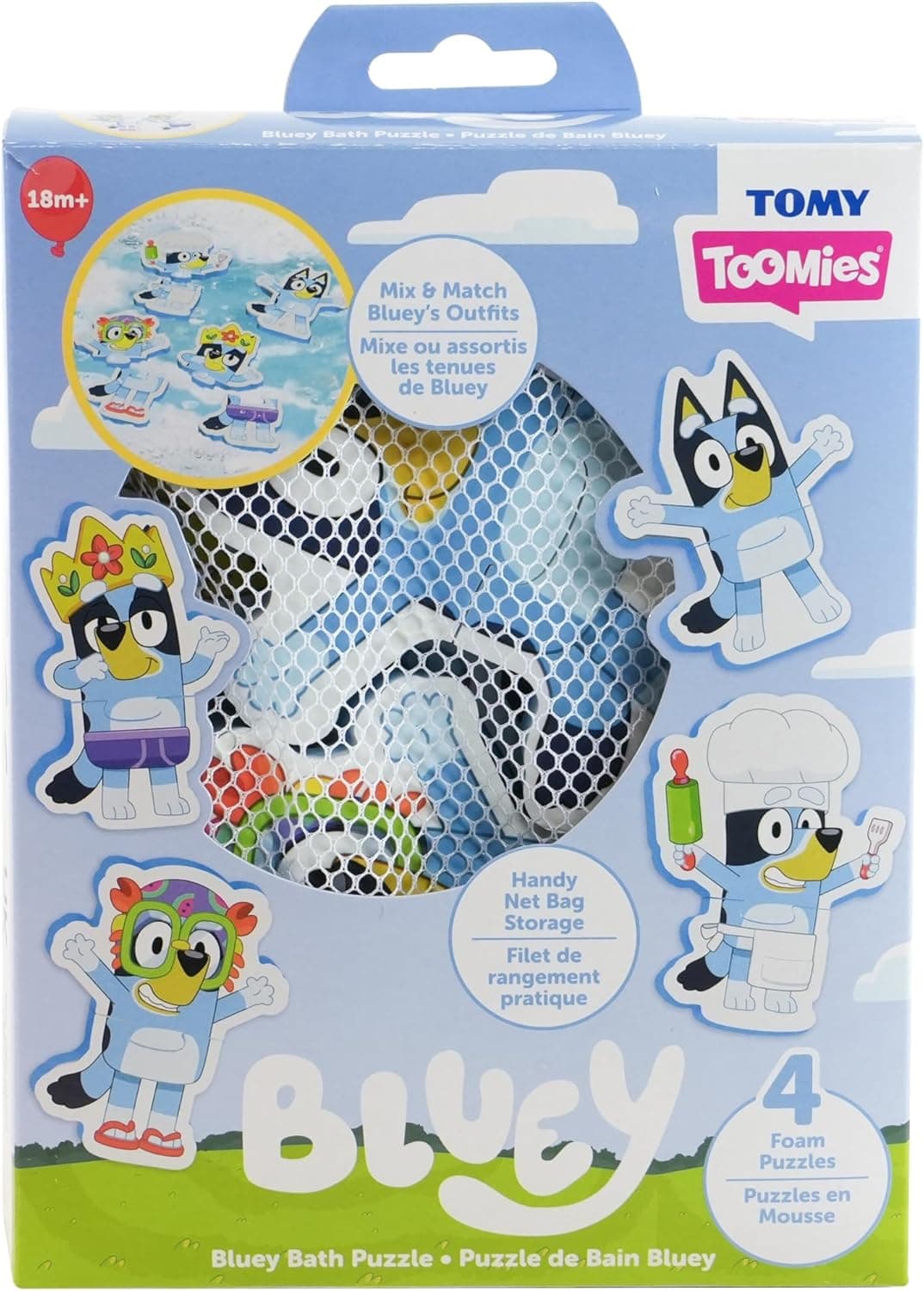 TOMY Toomies Bluey Bath Puzzle – 8-Piece Foam Jigsaw Puzzle Set with Mix & Match Bluey Poses, Soft Baby Bath Toys, Non-Toxic and Water-Friendly, Includes Mesh Storage Bag with Suction Cups, 18+ Months