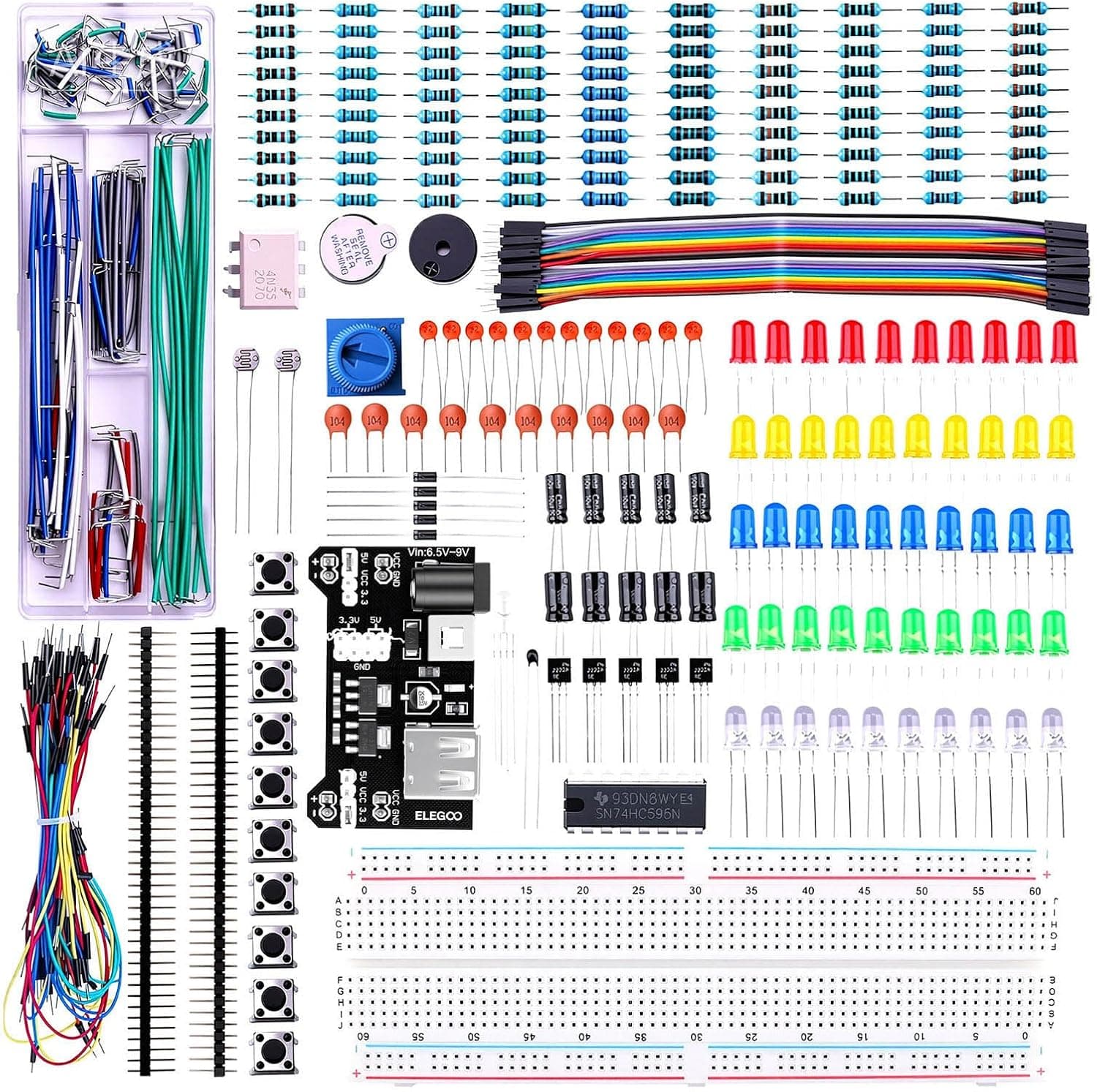 ELEGOO Electronics Fun Kit with Power Supply Module, Jumper Wire, Precision Potentiometer, 830 Points Breadboard for Arduino, Raspberry Pi, STM32, Datesheet Available