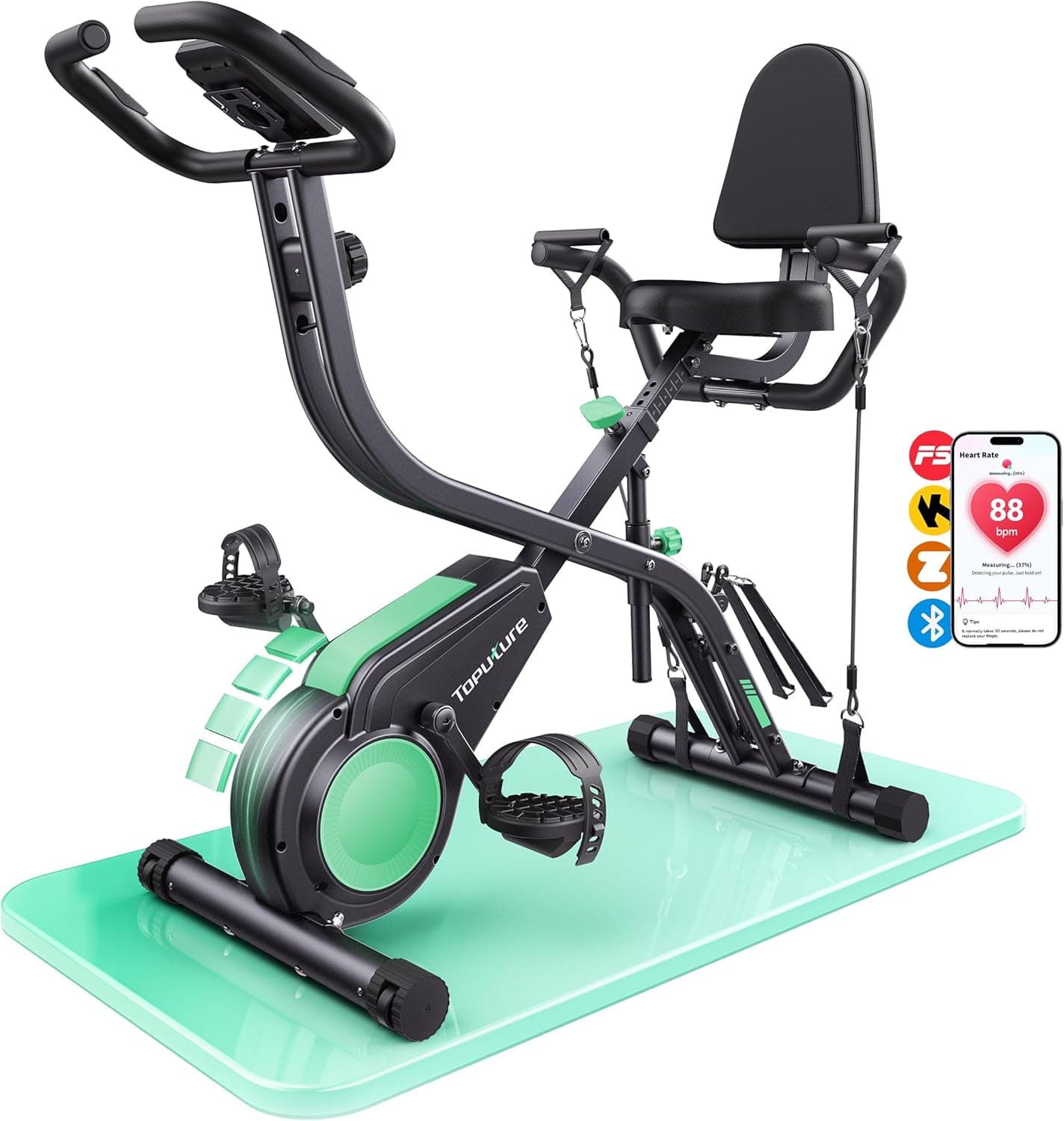2026 Toputure Bicicleta Estática Plegable 5 en 1 con APP, Bici Estática con Respaldo, Pulsómetro, LCD y 16 Niveles de Resistencia para Casa, Base Ancha y Estable, Bandas de Resistencia, Máx140KG