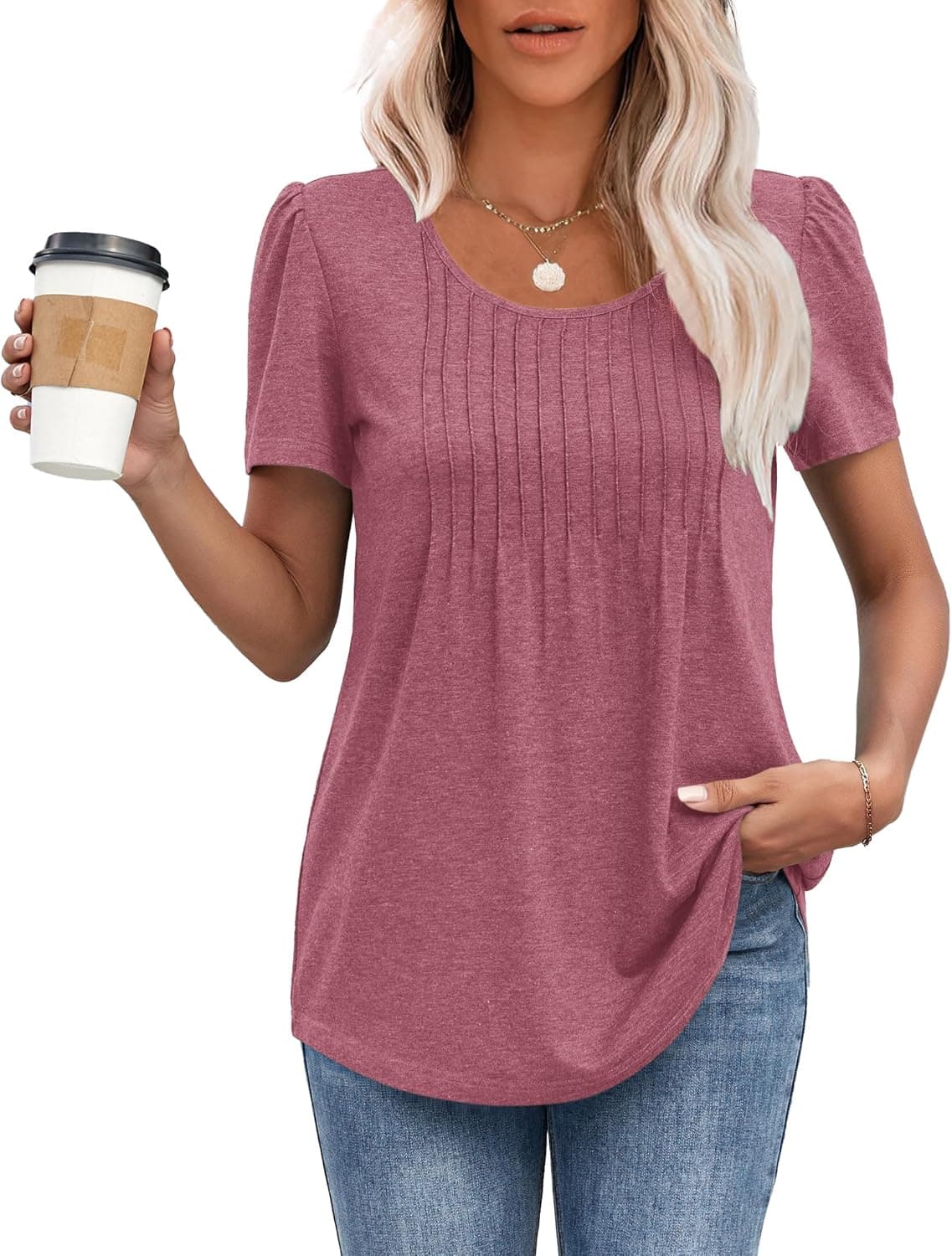 MOLERANI T Shirts for Women UK Round Neck Loose Casual Puff Short Sleeve Summer Tee Tops Front Pleated T Shirt